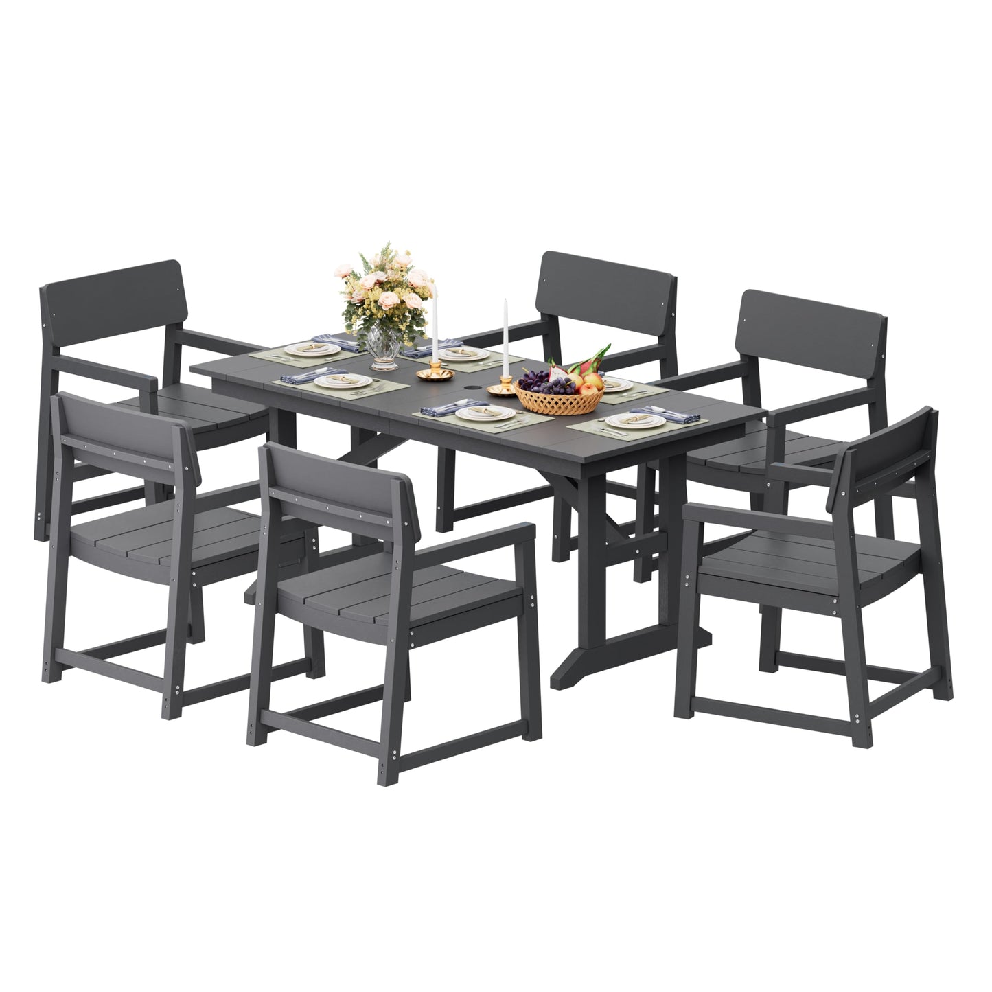 Shintenchi 7 Pieces Outdoor Dining Set,HDPE Outdoor Table and Chairs Set for 6,All Weather Patio Furniture Sets with Umbrella Hole,Modern Wooden Textured Dining Sets for Backyard,Garden,Dark Grey