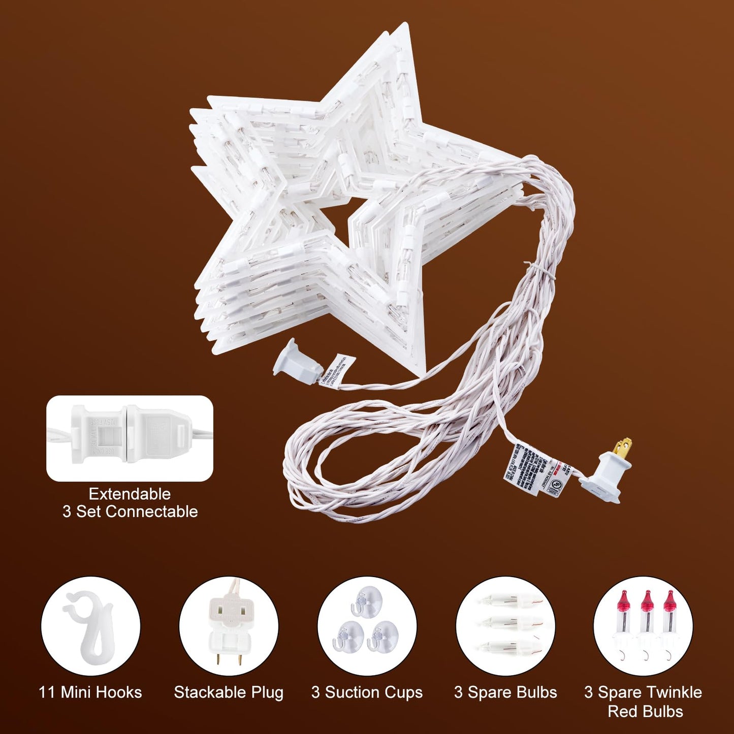 Minetom Christmas Star Window Lights - 13ft Icicle String Lights, 150 Mini Bulbs, 9 Drops, White, Model 39532