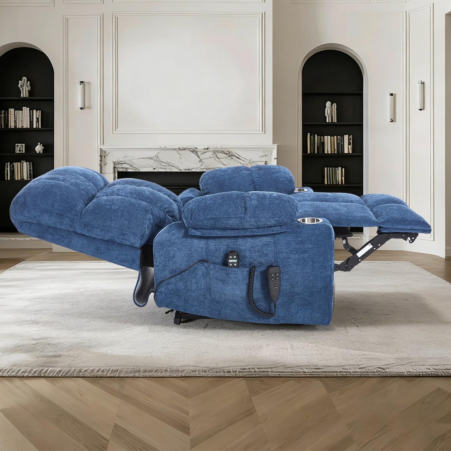 RHHVVR Oversized Recliner Electric Lift Chair, Power Lift Recliner for Big and Tall, 180° Lay-Flat and Assisted Standing, Extra Large Sofa with 8-Point Massage & Heating, Medium-Soft, Blue