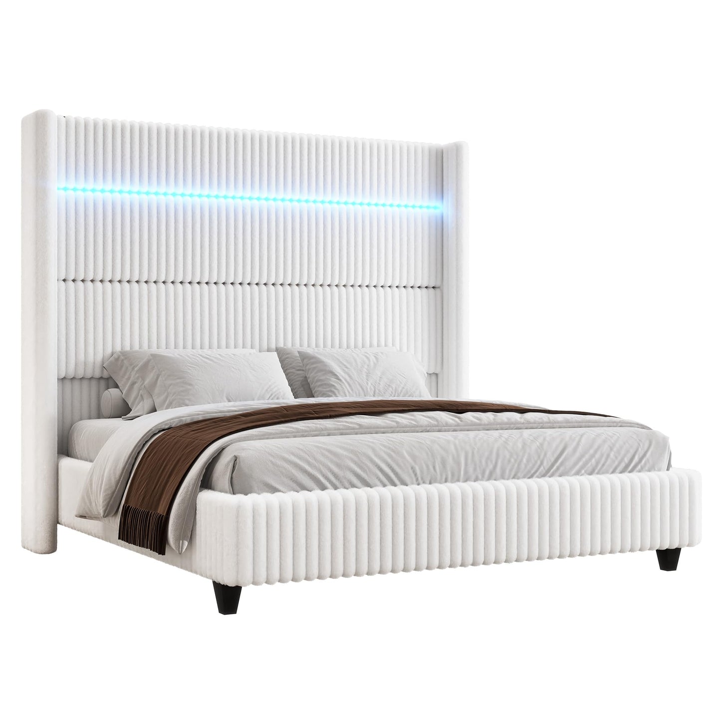 Jocisland King Faux-Fur Upholstered Bed Frame with 60" Wingback Headboard, Built-in LED/Charging, Noise-Free, Easy Assembly, No Box Spring, for Family with Kids/Pets & Luxury Bedroom, White