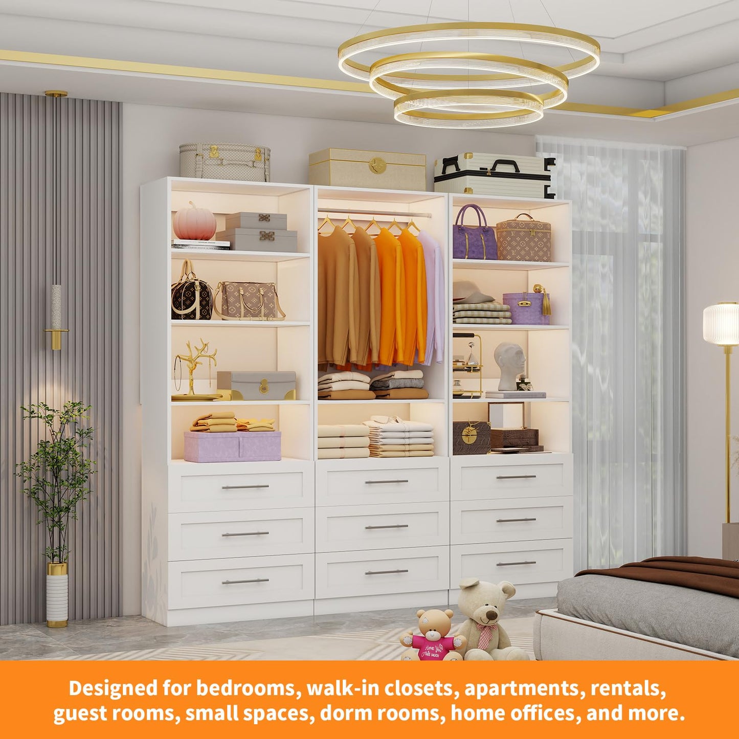 Closet System with 3 Sets, 6–15 FT Closet System with 9 Drawers, 9 Shelves & 4 Adjustable Hanging Rods, Max 189.3" Closet Organizer Systems for Walk-in Closets, Modular Custom Closet Tower, White