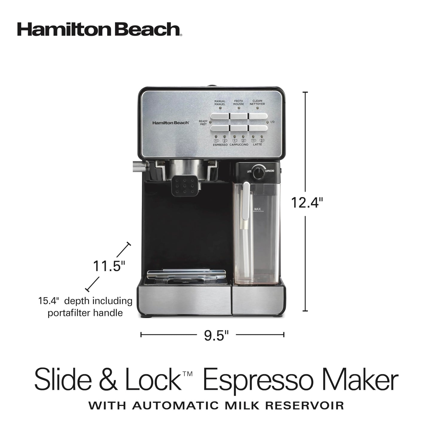 Hamilton Beach Slide and Lock Espresso Machine, Programmable Coffee Maker for Café-Quality Cappuccino & Latte, 15 Bar Pump, Milk Frother Steamer Wand, 70 oz. Removable Reservoir, Black (40750)