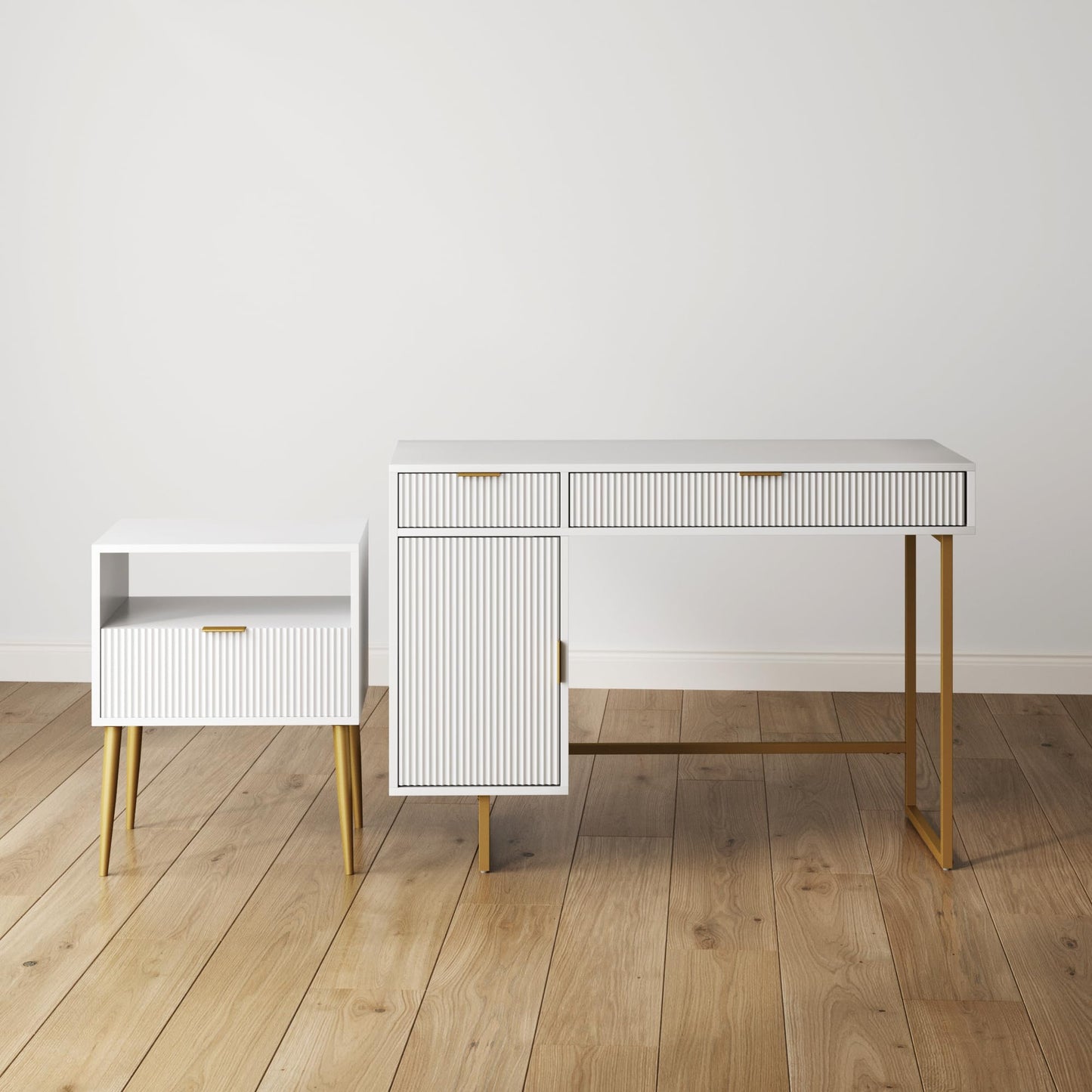 Nathan James Jacklyn White Modern Computer Desk, Workstation or Writing Desk for Small Spaces with Drawers and Cabinet Storage, White/Pale Gold