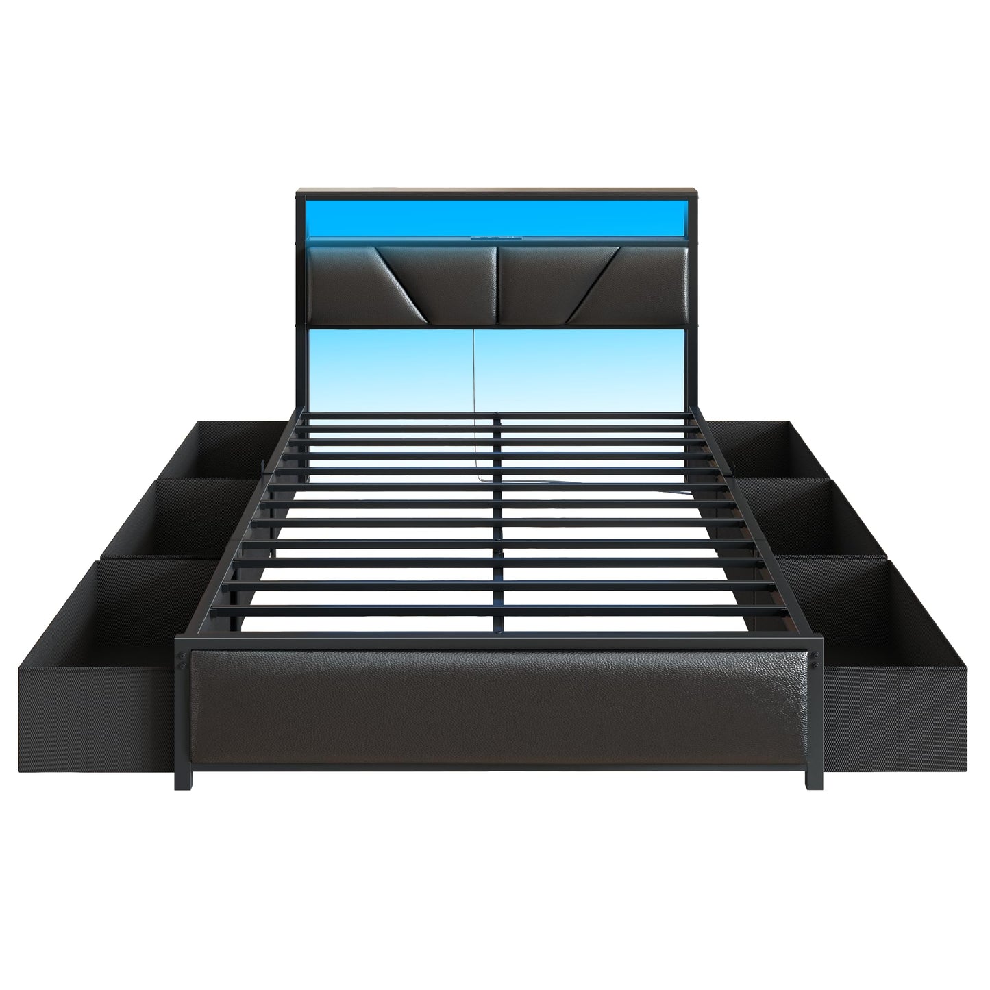 OURPIC Full Size Bed Frame, 2-Tier Storage Headboard & 6 Fabric Drawers, PU Leather Upholstered Platform Bed Frame Full with Charging Station and LED Lights, No Box Spring Needed, Noise Free