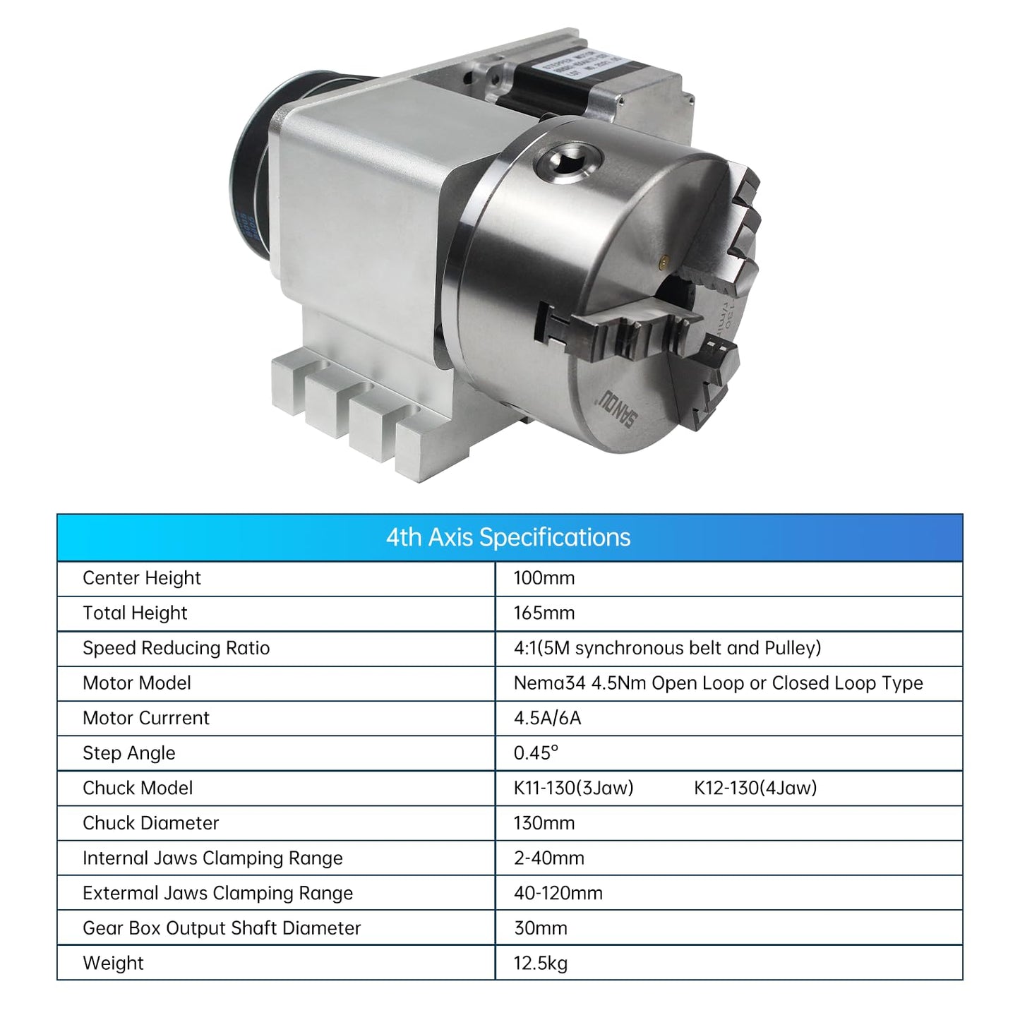 RATTMMOTOR K11-130mm CNC Router Table Rotary Milling Machine Rotational Axis A 4th Axis, 130mm 3 Jaw Chuck Dividing Head Reducing Ratio 4:1, Nema34 Stepper Motor