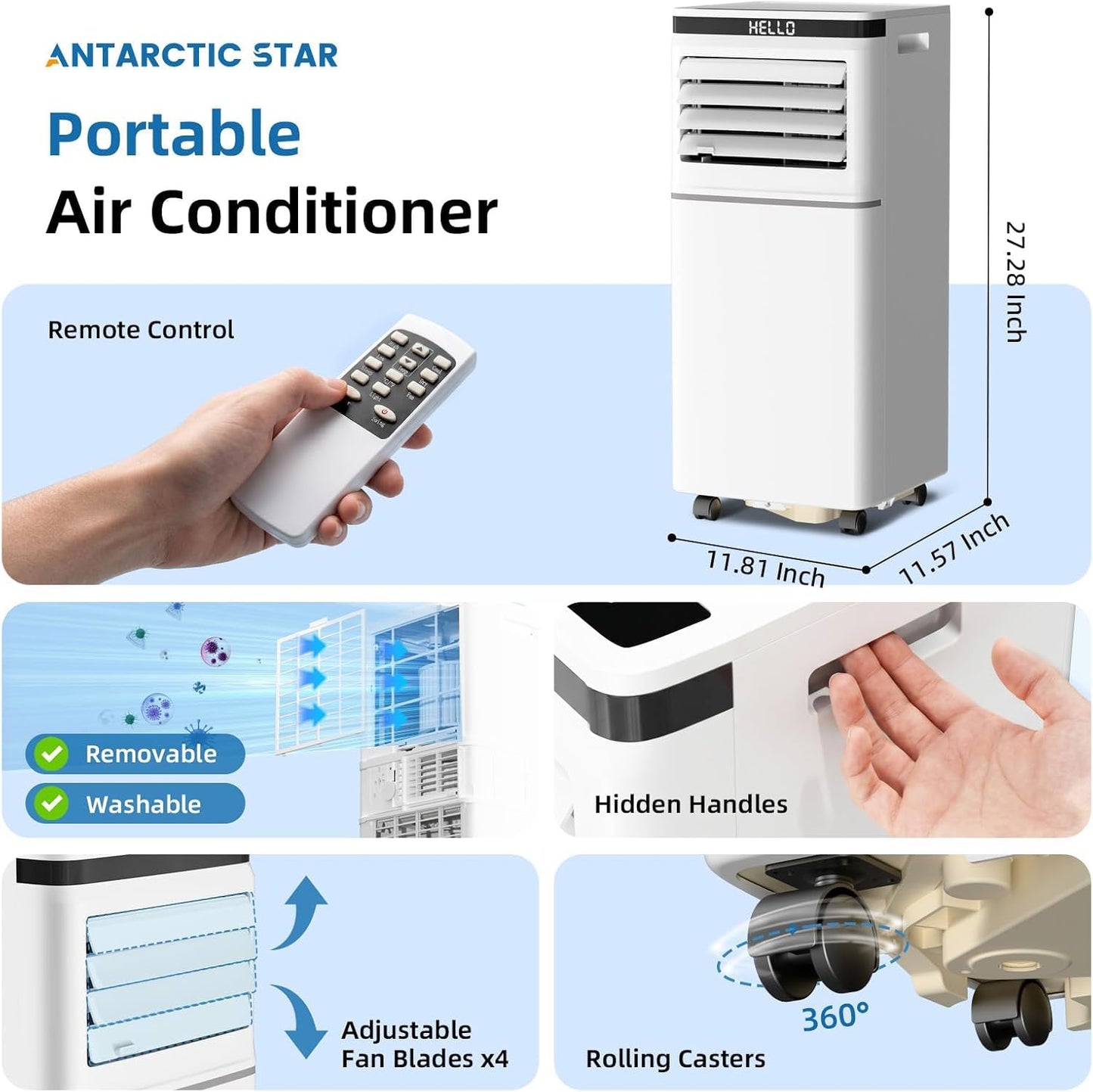 Portable Air Conditioner, 10000 BTU, Cools Up to 450 Sq Ft, Remote Control, 2 Fan Speeds, 24 Hour Timer, Quiet Operation & Fan Mode, Portable AC for Bedroom, Office, Home & Dorm