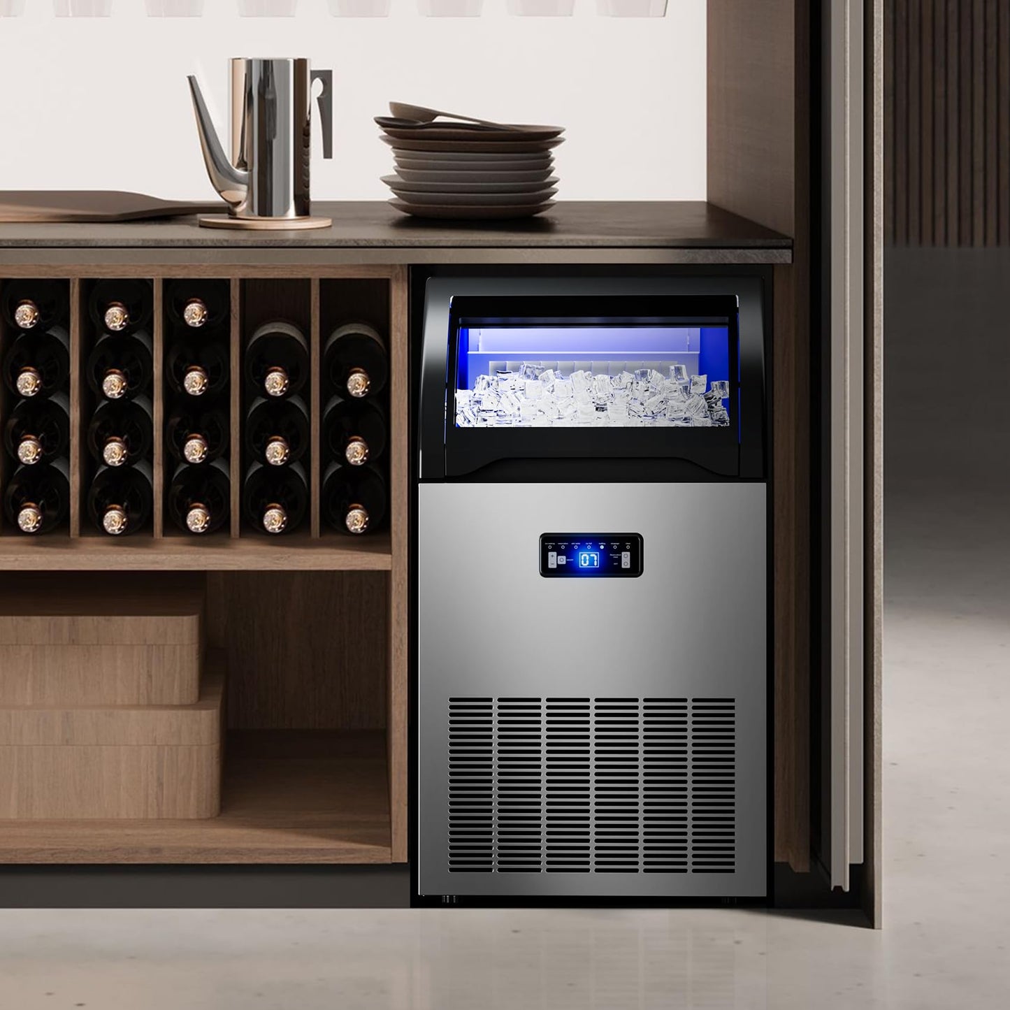 Commercial Ice Maker Machine 133 Lbs/24H Freestanding Stainless Steel Under Counter Ice Maker with 40lbs Ice Storage Capacity Scoop Water Filter Pipes for Restaurant Offices Bars Home (133Lbs/24)