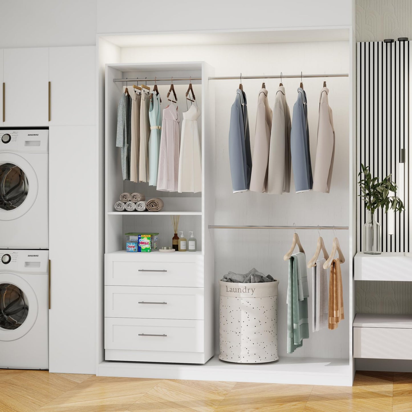 Secilix 5–9FT Closet System with 3 Wood Drawers, Closet Organizer System with 5 Expandable Hanging Rods, Walk-in Closet System with Shelves, Wall Mounted Built-in Closet Organization System