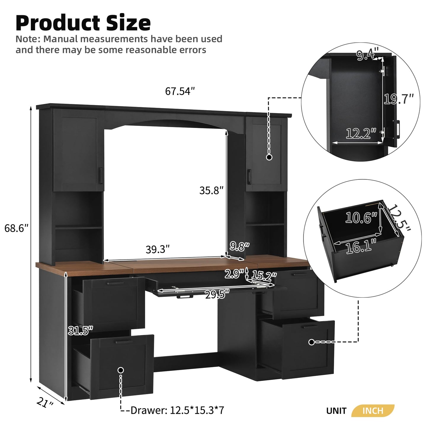 Merax Farmhouse Arched 67" Computer Desk with Power Outlets & Keyboard Tray, Wood Executive Home Office Desk with Hutch, Writing Desk with Storage Drawers for Working Study, Black