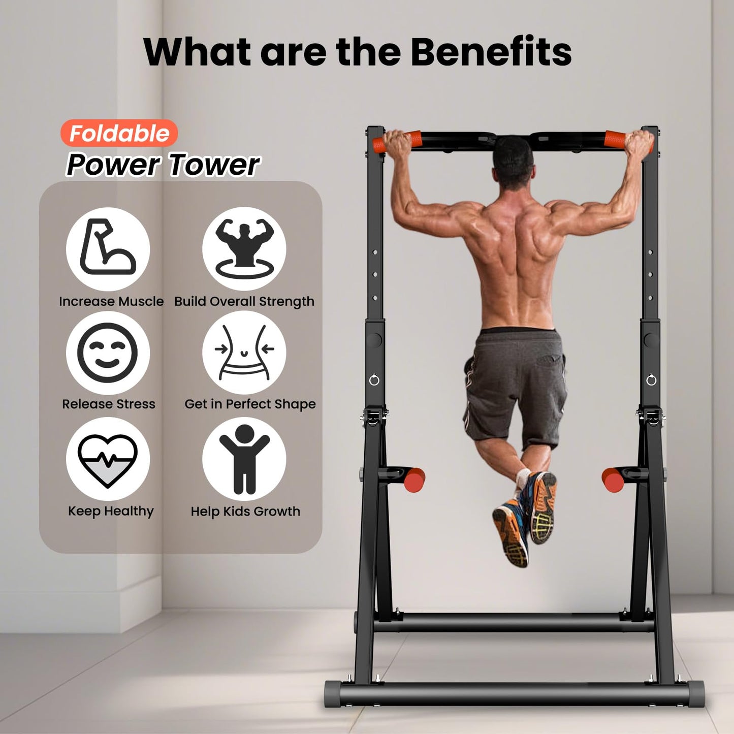 WATBKHE Foldable Power Tower Pull Up Bar Dip Station, Pull Up Bar Standing for Home Gym Adjustable Height, Multi-Functional Workout Equipment Strength Training Machine, Support 460LBS
