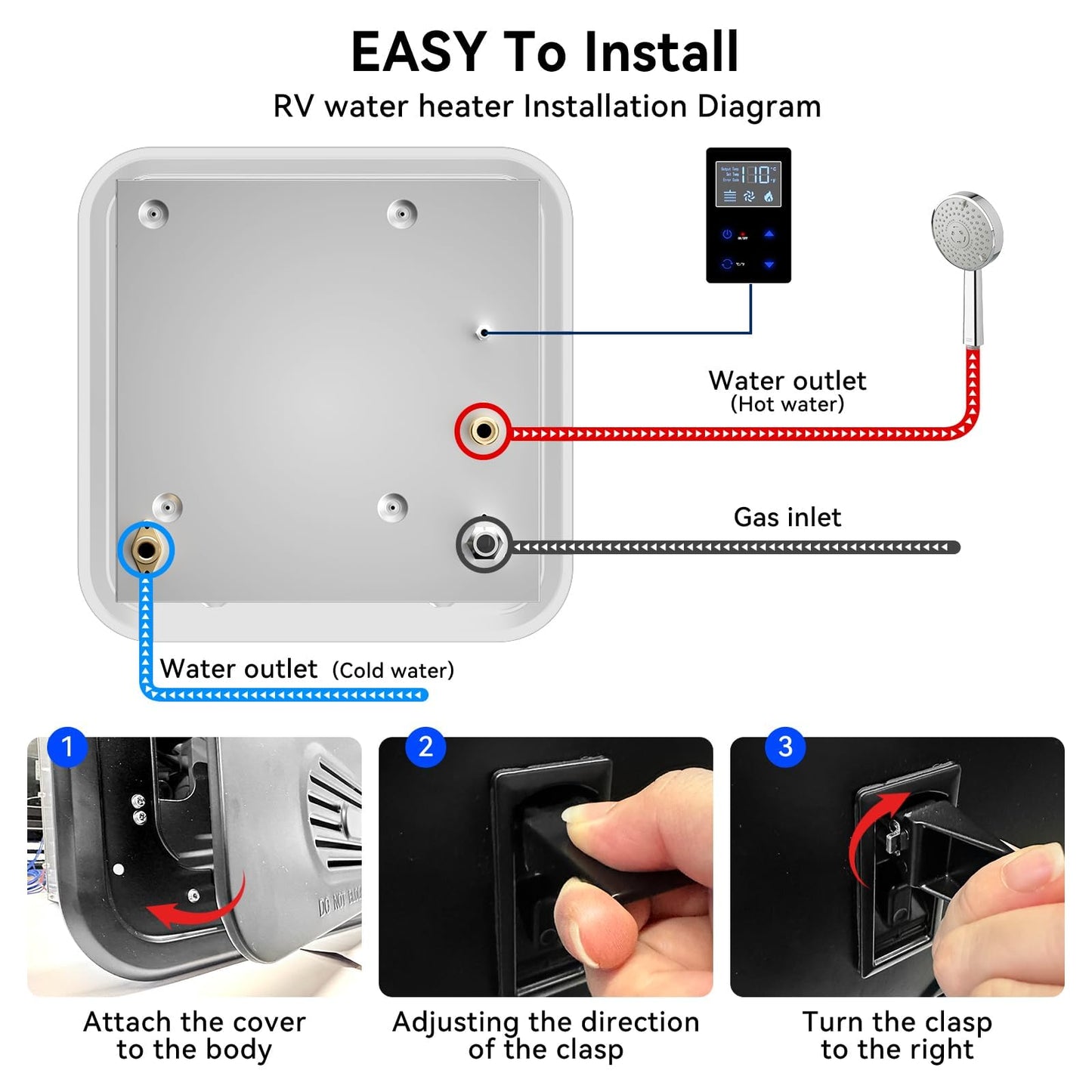 Poukaran 65,000 BTU RV Tankless Water Heater, High Altitude Available, DC 12V, On Demand Instant Hot Water Heater, with 15x15 inches White Door and Front Water Outlet, Compatible with all RVs