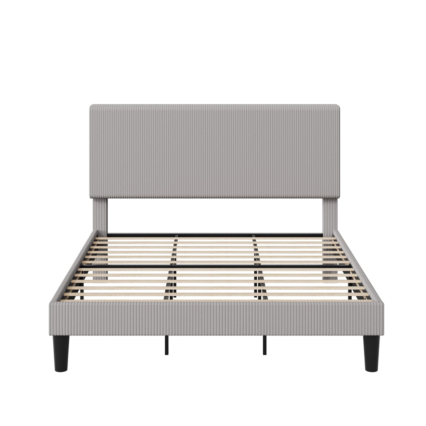 Allewie King Size Upholstered Bed Frame with Vertical Channel Tufted Headboard, Soft Corduroy Fabric Platform Bed, Strong Wooden Slats Support, Easy Assembly, No Box Spring Needed, Light Grey