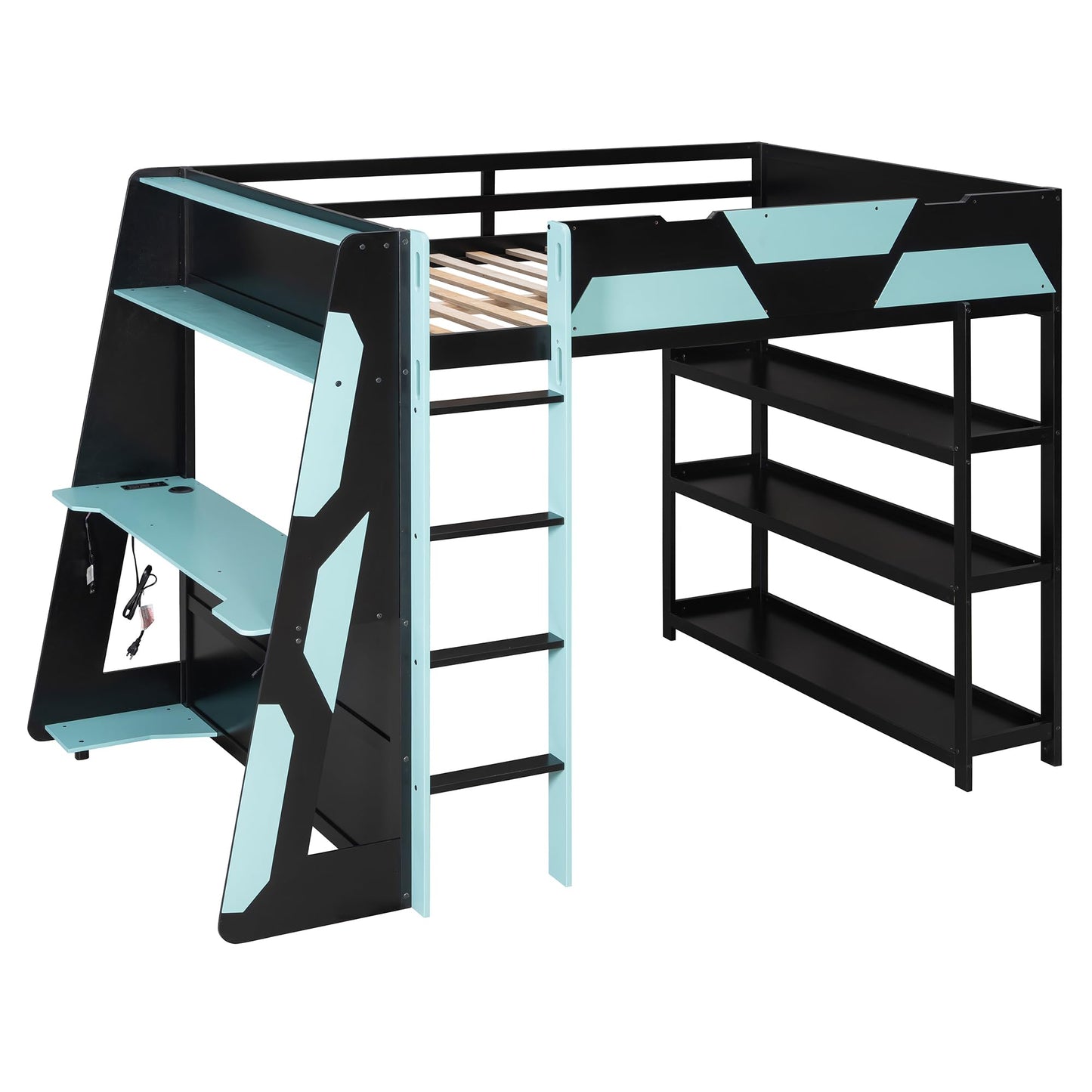 Merax Full Size Gaming Loft Bed with Side-Mounted Desk & 3-Tier Storage Shelves. Space-Saving Bedroom Set with Built-in Power Outlets & USB Ports for Teens & Gamers, Black+Blue
