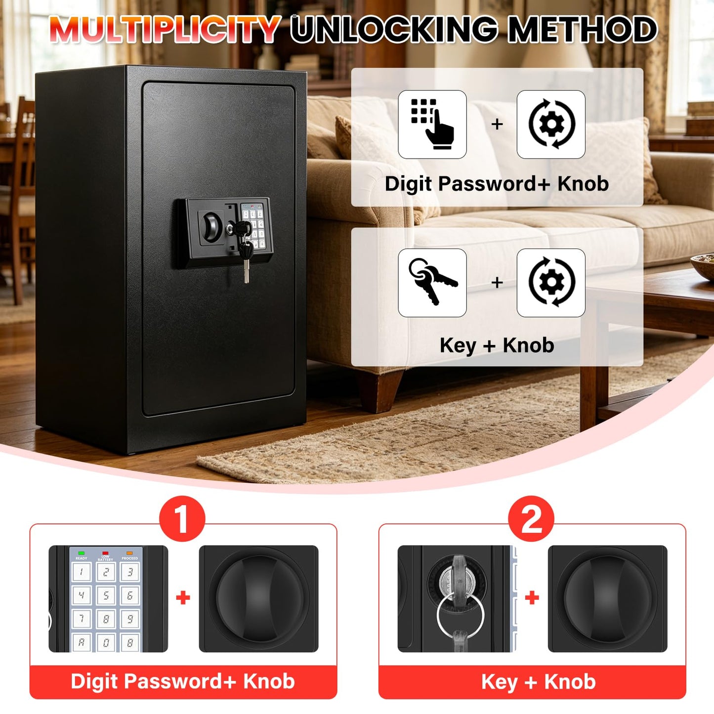 7.5 Cuft Large Fireproof Waterproof Home Safes, 1800°F Fire Safe for 35 Mins, 77Lbs Heavy Duty Home Safe Box with Digital Keypad,Sensor LED Light, Removable Shelf, Safes for Cash, Documents,Valuables