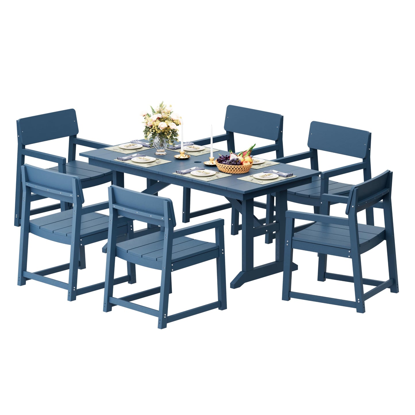Shintenchi 7 Pieces Outdoor Dining Set,HDPE Outdoor Table and Chairs Set for 6,All Weather Patio Furniture Sets with Umbrella Hole,Modern Wooden Textured Dining Sets for Backyard,Garden,Blue