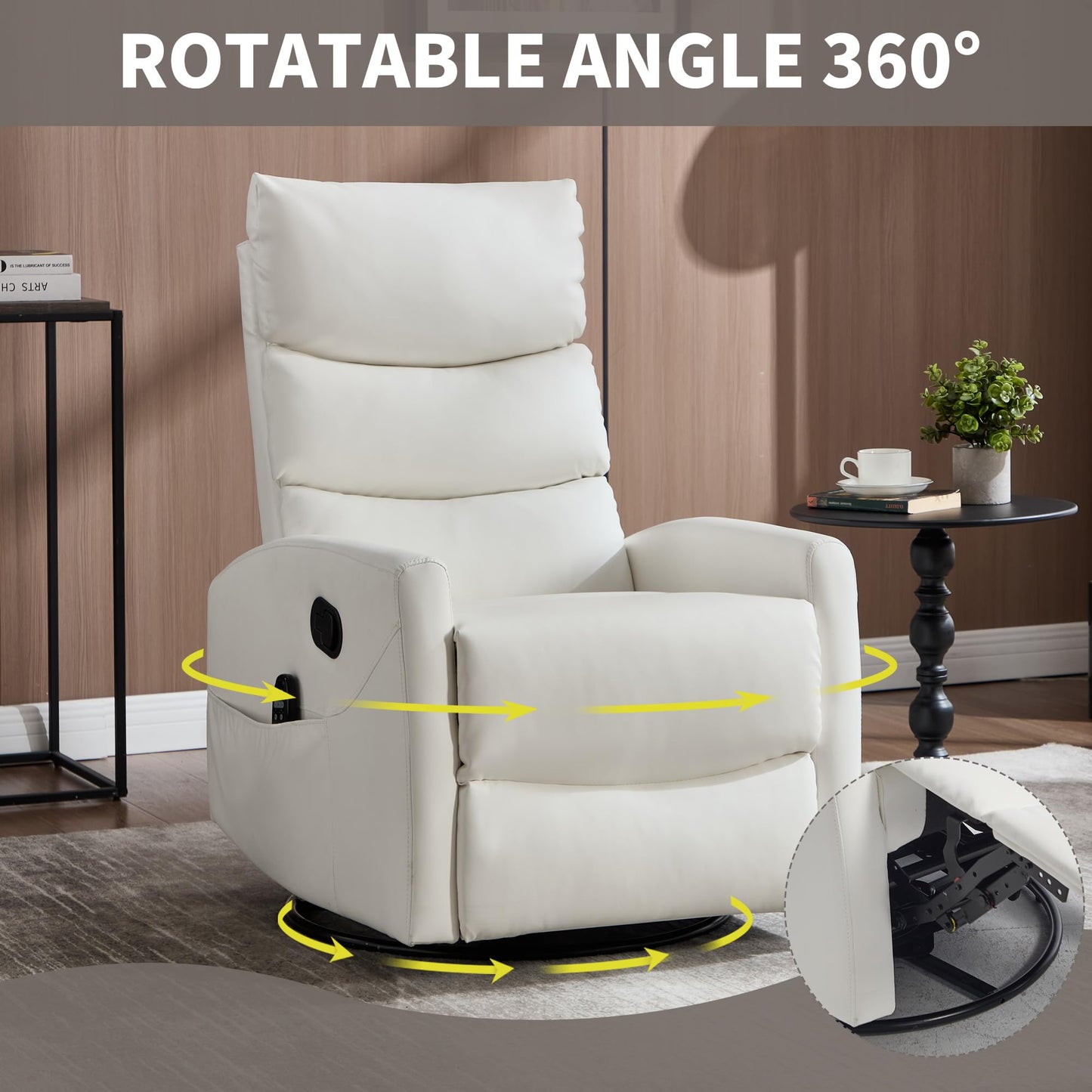 KEIKI Heat Massage Manual Recliner Chair, 360 Swivel Rocker with Lumbar Heat, Upgraded Faux Leather Modern Style Padded Armrests, Home Theater Seating Manual 155 Degree Recline for Bedroom, White