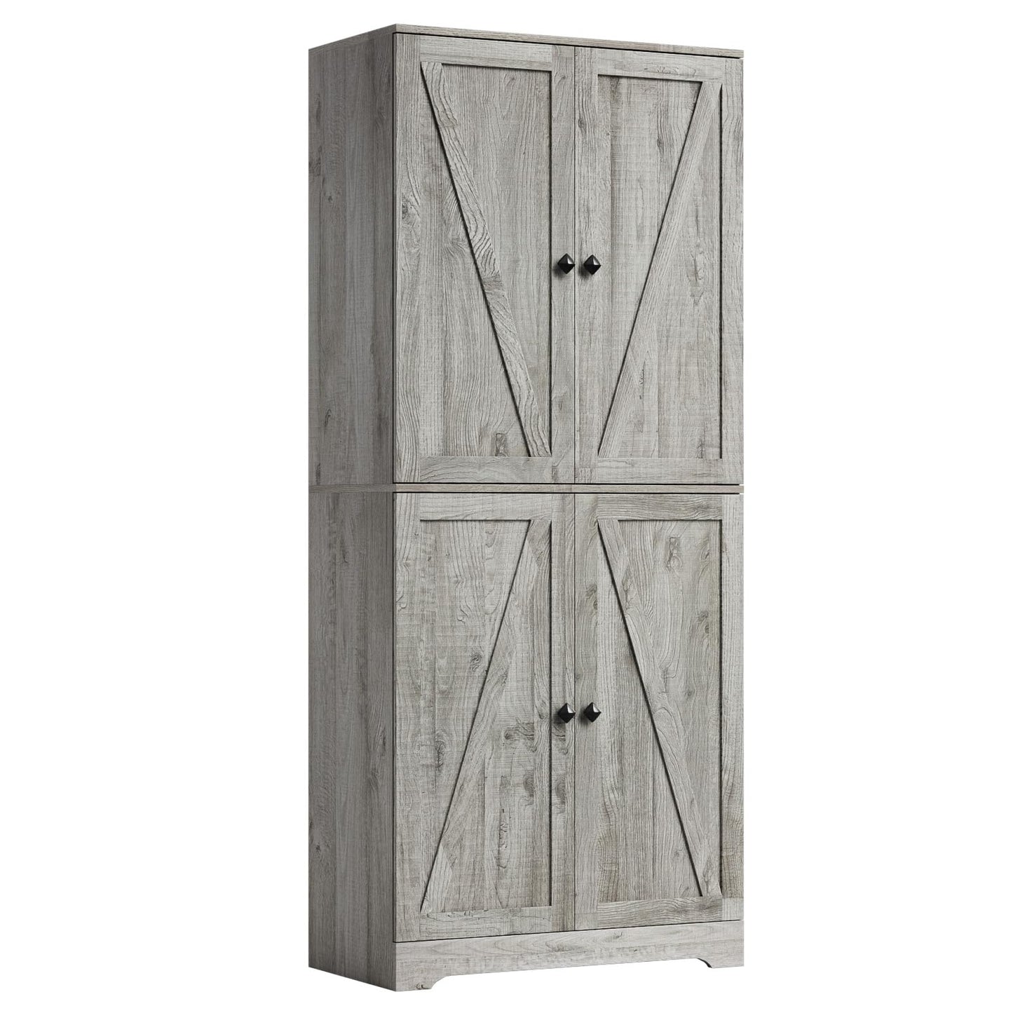 LYNSOM Farmhouse Storage Cabinet 72" Tall, Kitchen Pantry Cabinet with 4 Barn Doors and Adjustable Shelves, Freestanding Storage Cabinets for Kitchen, Grey