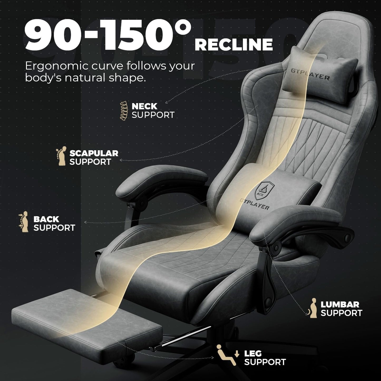GTPLAYER ACE-PRO Music Gaming Chairs – Built-in Speakers, App Support & Bluetooth Control, Computer Game Chairs with Footrest for Adults, Ergonomic Reclining Silla, Linkage Armrest, Grey