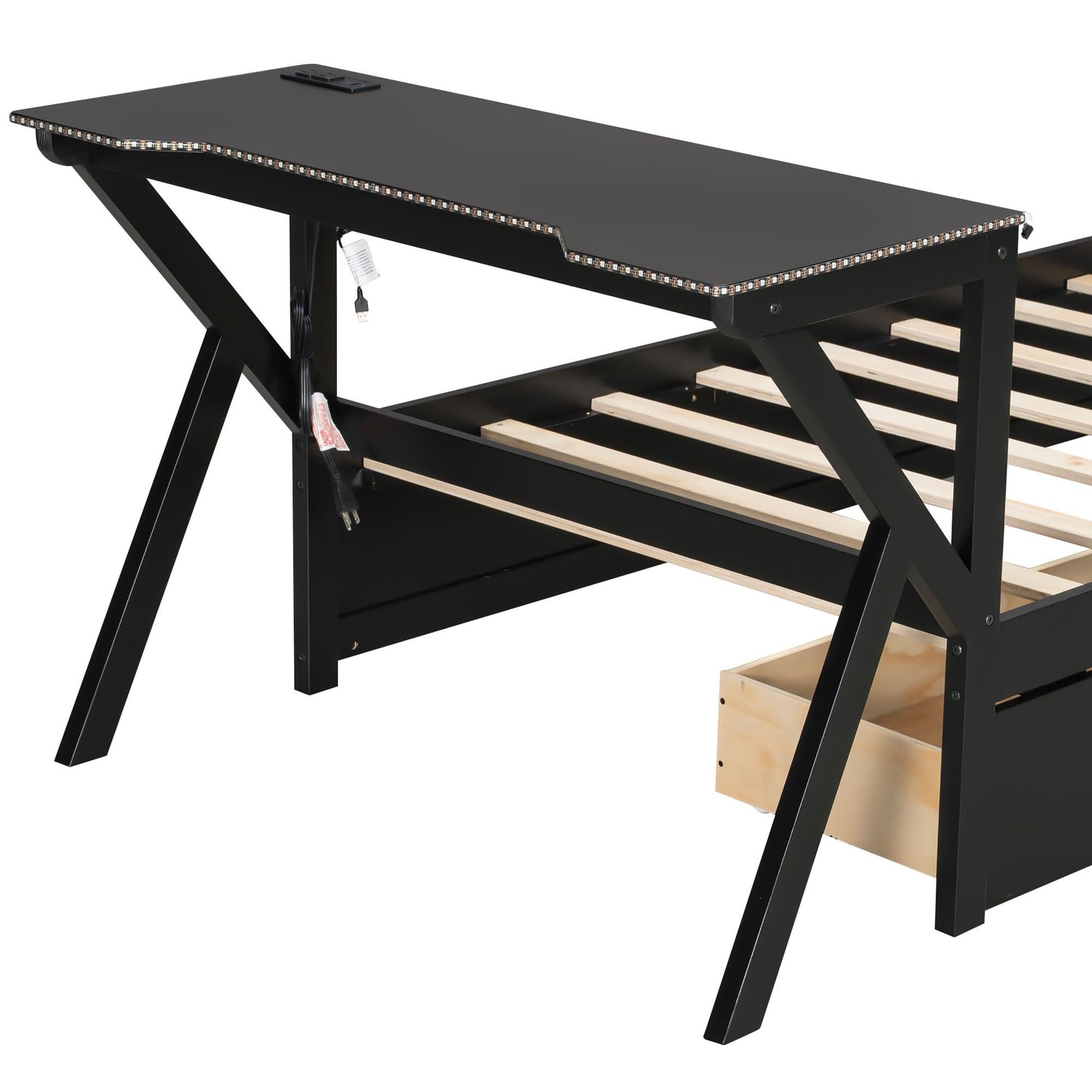 Merax Twin Size Gaming Platform Bed with LED Headboard and LED Desk, Wooden Corner Bed with USB and Two Storage Drawers