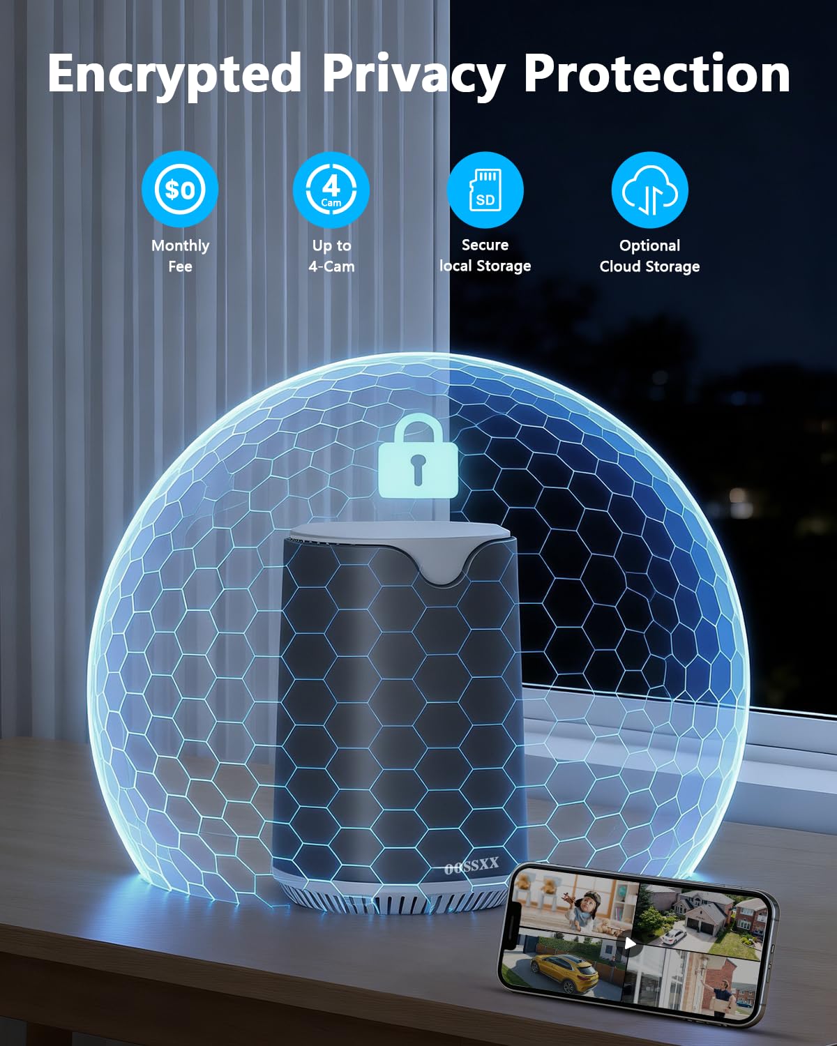 OOSSXX (2026 New) Solar Wireless Security Camera System, 4MP 4-Cam Kit with 4CH NVR, 2.4/5.8GHz Dual WiFi, 55% Longer Range Dual Antennas, 130° Wide Angle, No Fee App, IP65