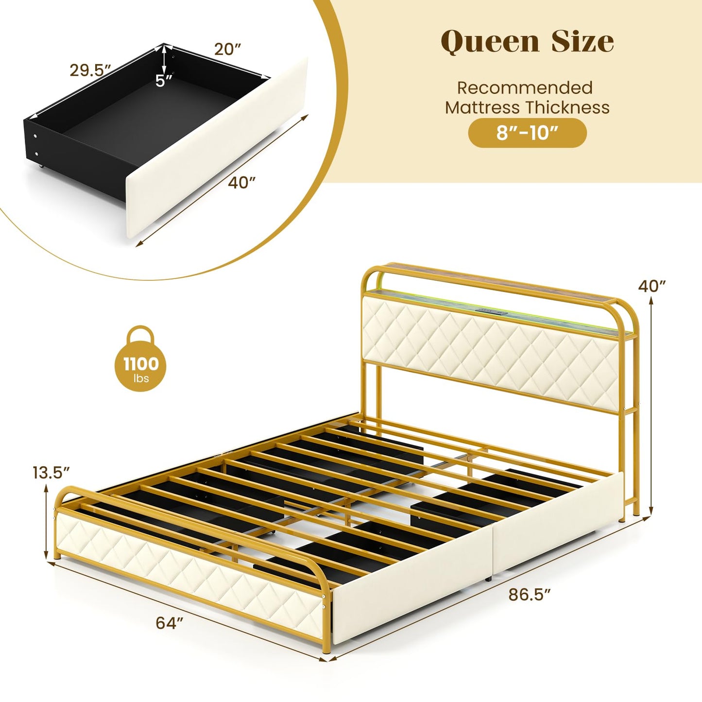 Giantex Queen Bed Frame with 4 Storage Drawers and Charging Station, Queen Size Platform Bed w/LED Lights & Linen Upholstered Headboard, No Box Spring Needed, Metal Queen Storage Bed, Gold & Beige