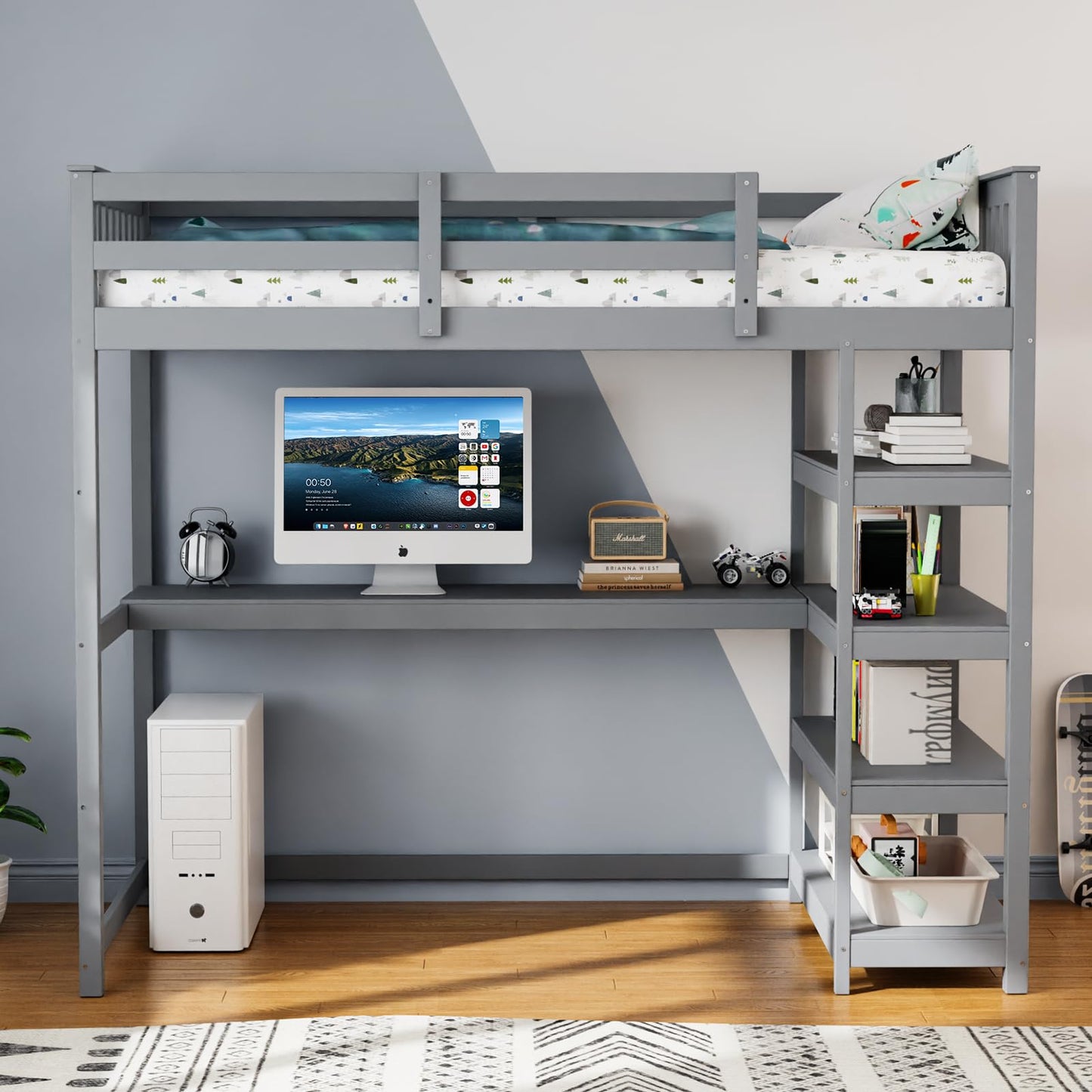 JOYMOR Bunk Bed with Desk and 4-Layer Shelves, Loft Bed Twin Size with Under Desk and Bookcase Storage, Twin Bed Frame for Kids, Adults& Young Teens
