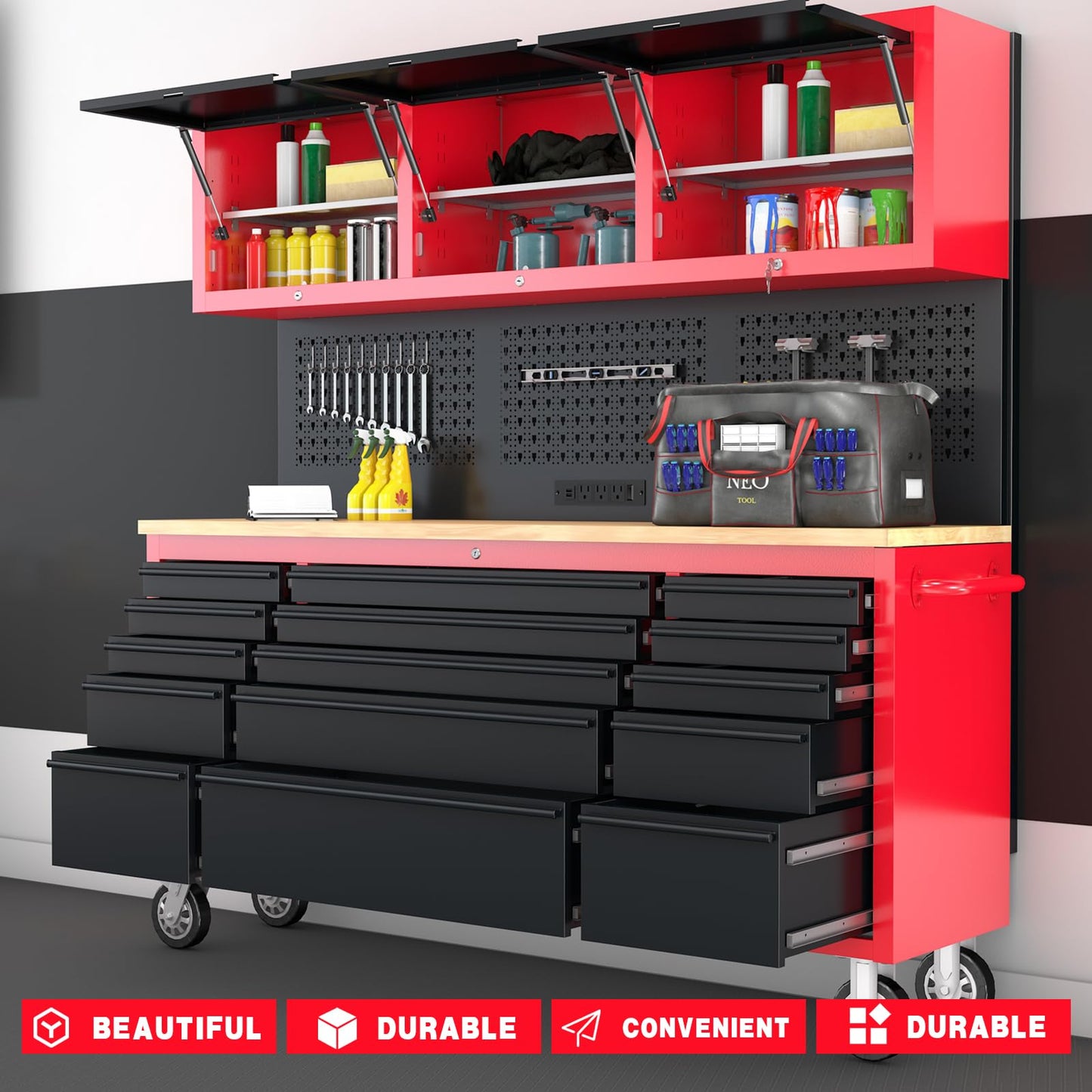 LARBANKE 72" Rolling Tool Chest with 15 Drawers - Heavy Duty Garage Workbench with Power Strip & Pegboard - 18" Deep 1.2" Thick Solid Wood Top, Lockable Tool Storage Cabinet for Professional Mechanic