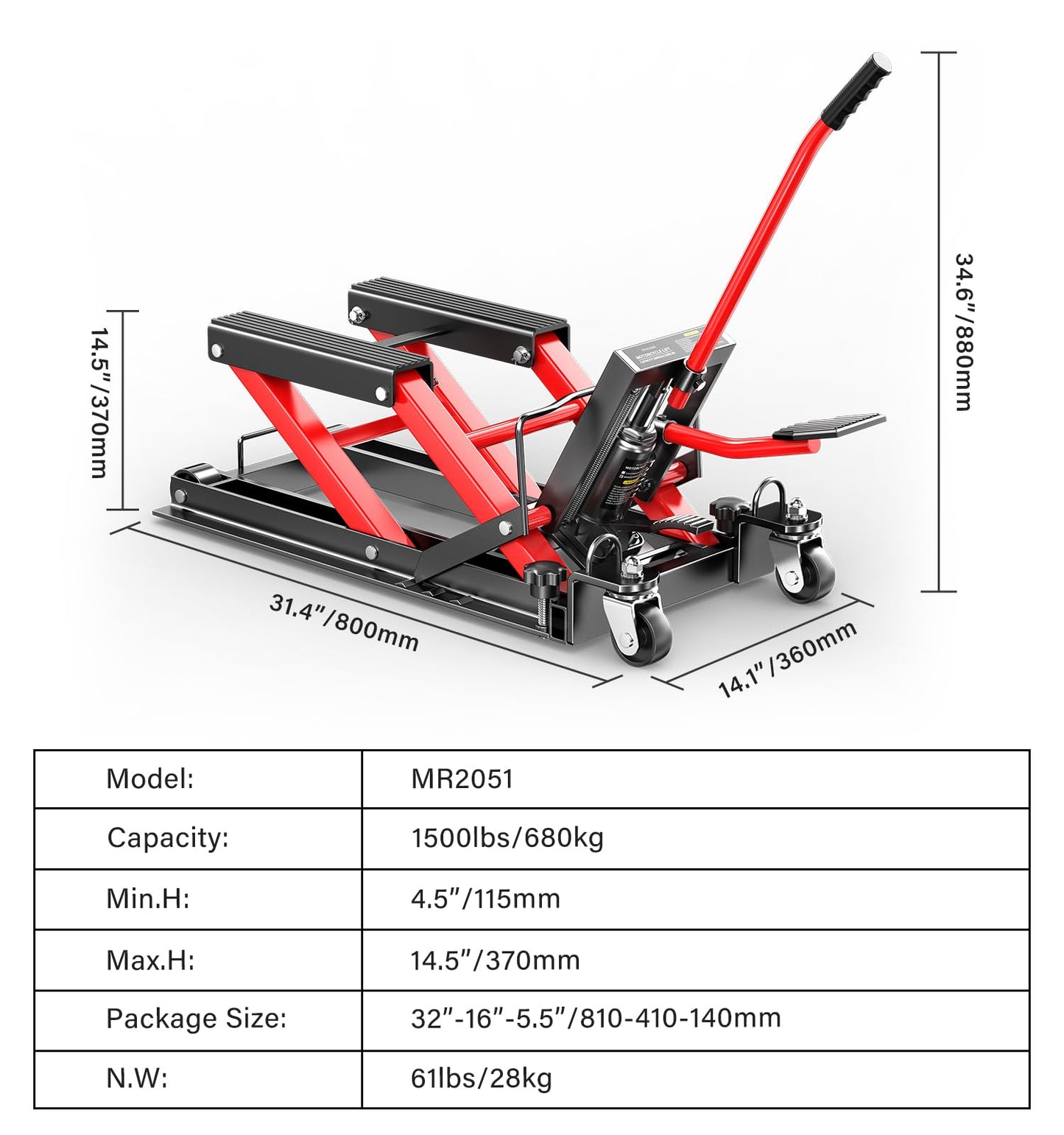 Heavy Duty Motorcycle Scissor Lift Jack 1500 LBS, Motorcycle Lift Table 4.5" to 14.6" Height, Hydraulic Motorcycle Lift Motorcycle Lift Jack Portable Steel Construction for Motorcycle, ATV, Dirt Bike
