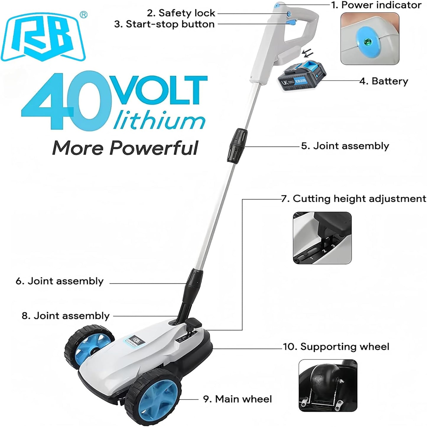 RB 40V 9" Mini Cordless Lawn Mower with Battery & Charger for Small Yards