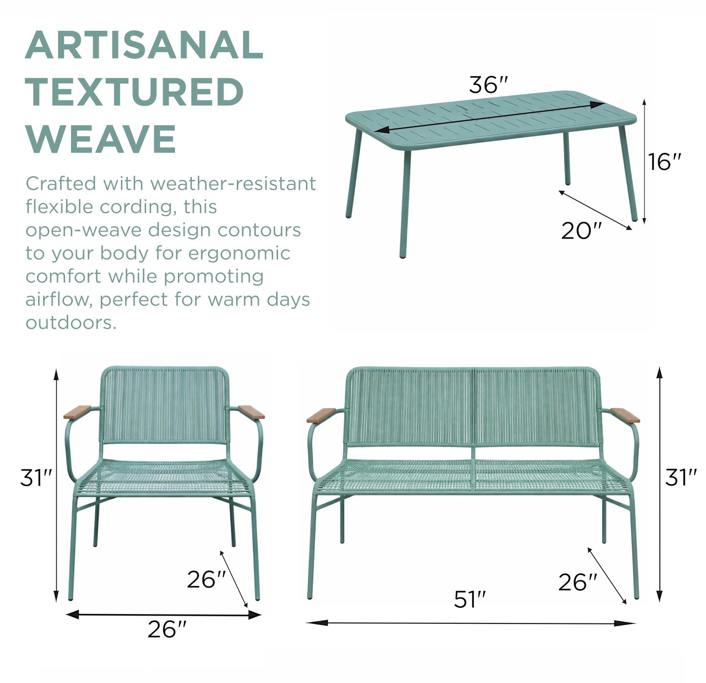 Alpine Corporation VTFAM170A 4-Piece Outdoor Rope Woven Patio Conversation Set – Sofa Bench, 2 Armchairs & Coffee Table – Modern Metal Frame with Wood Armrests – Indoor/Outdoor Seating Set