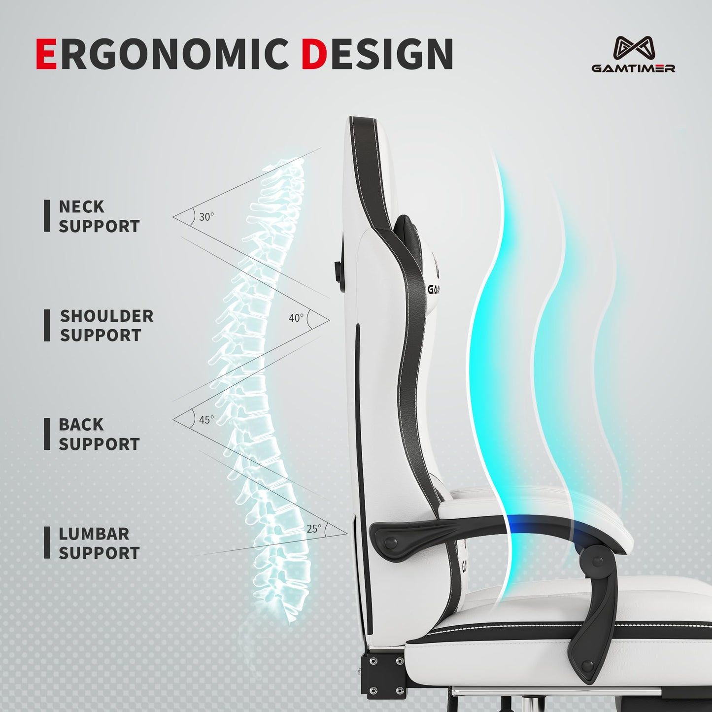 Gamtimer Gaming Chair with Footrest, Ergonomic Computer Chair, PU Breathable Material with Headrest and Lumbar Support, Suitable for Silla Gamer and Adults (White)