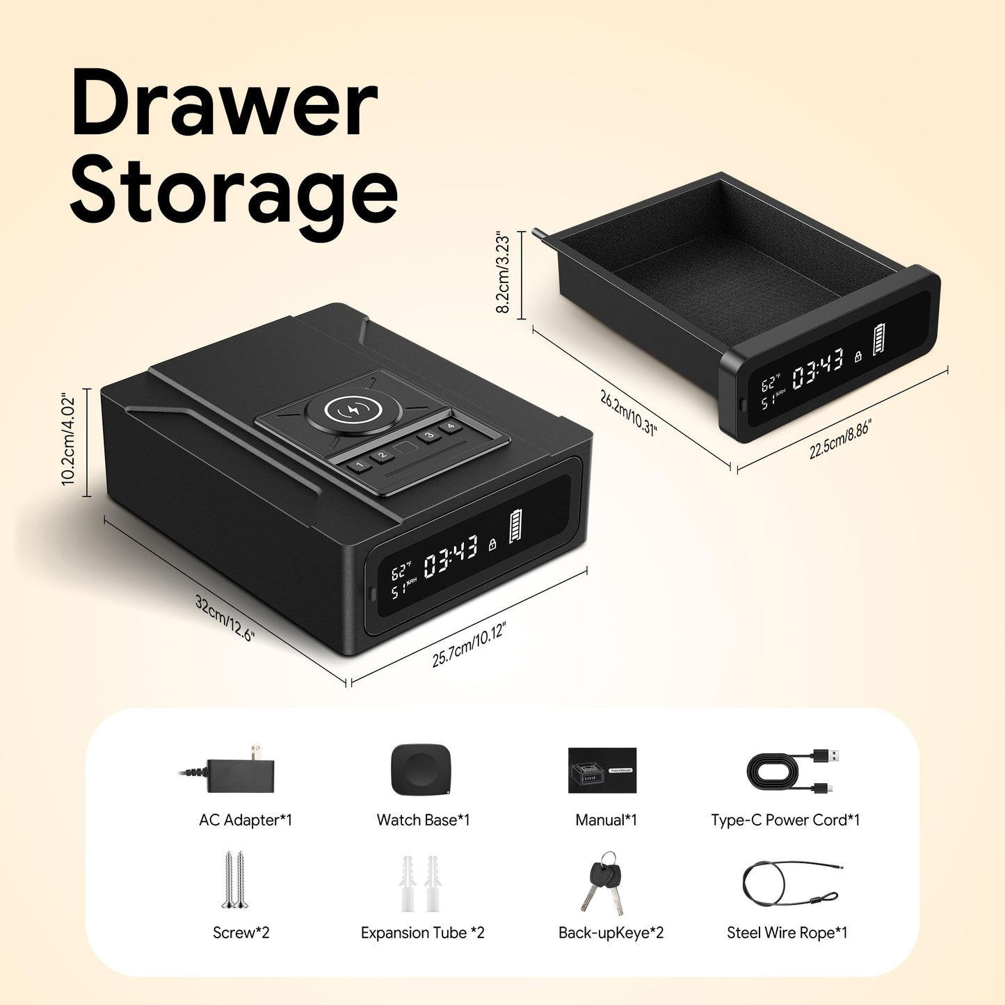 ORARAER Bedside Gun Safe with Wireless Charging - Biometric Safe with Fast Fingerprint, Backup Key & USB-C Emergency Unlock, Alarm Clock & Humidity Display, Bolt Down for Home Security