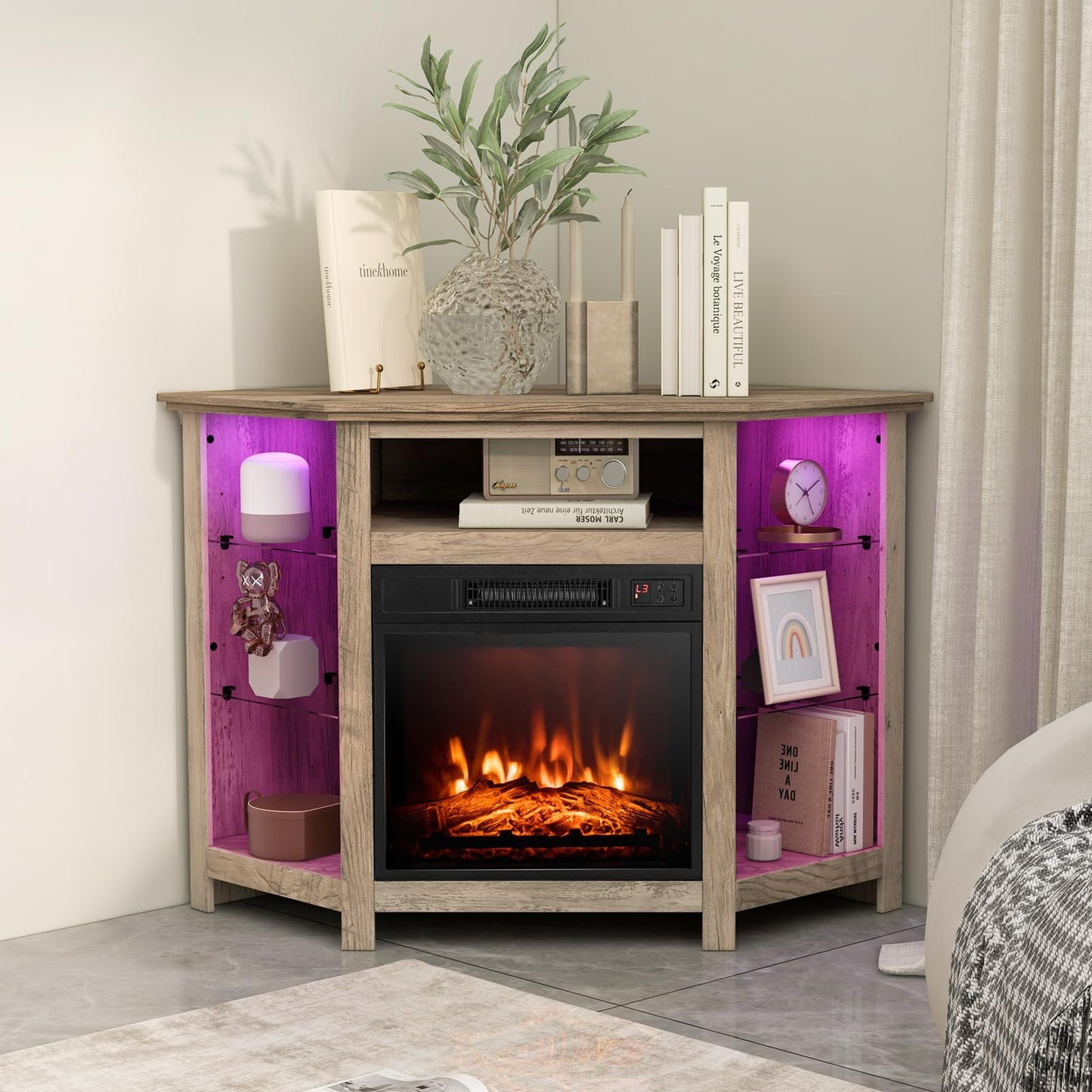 CLEEMAN Fireplace Corner TV Stand, Entertainment Center for 50 Inch TV w/LED Lights Adjustable Shelves Overheat Protection Remote/APP Control, TV Console w/Built-in Electric Fireplace (Grey)