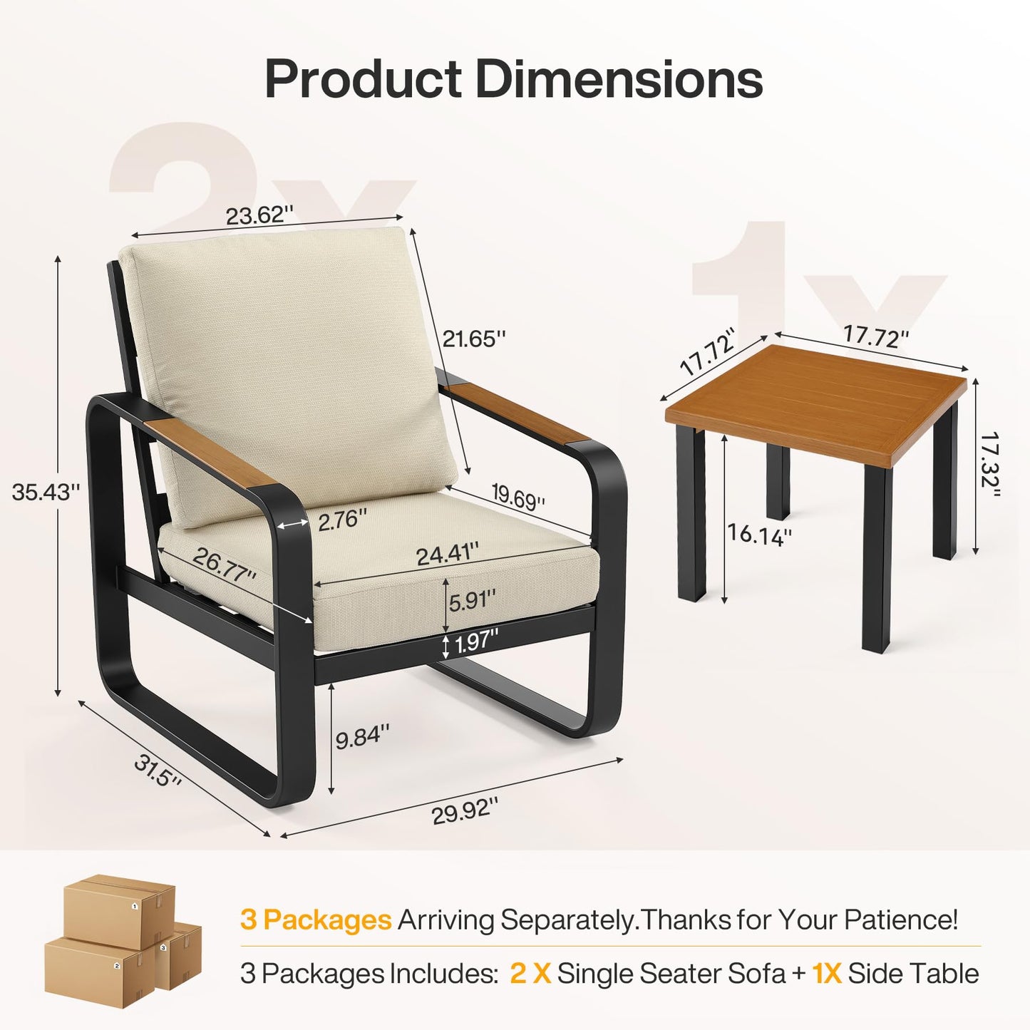 Tribesigns 3-Piece Outdoor Patio Furniture Set with 2 Armchairs & 1 Side Table, Black Metal Frame with 6'' Thick Cuushions, Modern Outdoor Conversation Set for Porch, Deck, Backyard, Beige
