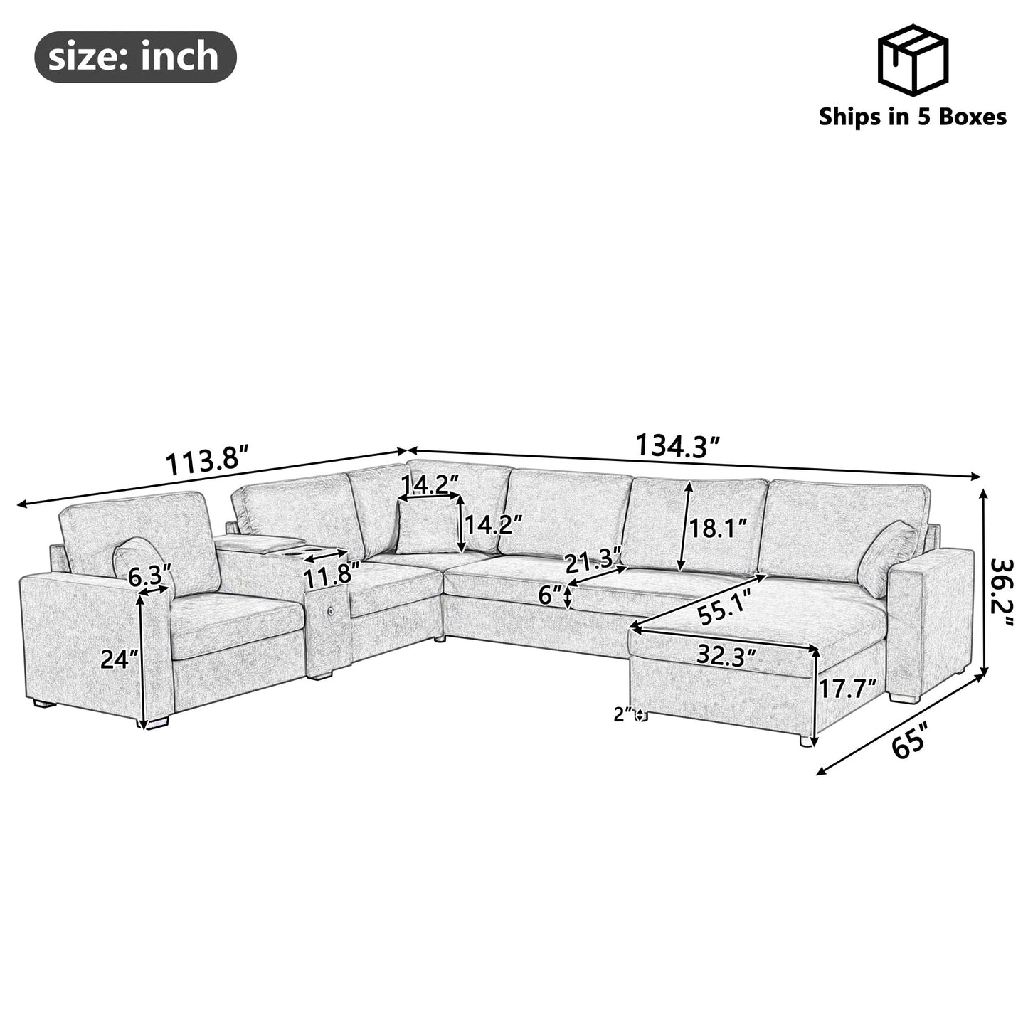 Merax Modern 134" U-Shaped Modular Sectional Sofa Couch with Cup Holders & Storage Drawers, Chenille 5-Seat Large Sectional Family Sofa with Chaise Lounge & Pillows for Living Room, Beige