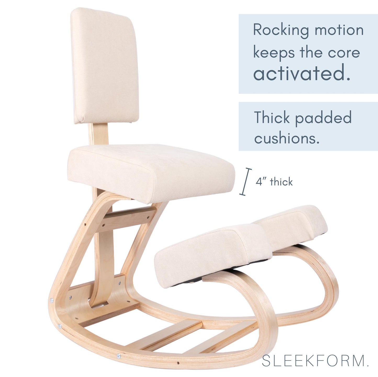 Sleekform East Austin Ergonomic Kneeling Chair with Back Support - Winter Linen and Wood Ergo Stool for Desk - Best Ergonomic Kneeling Office Chair for Posture and Leg Circulation