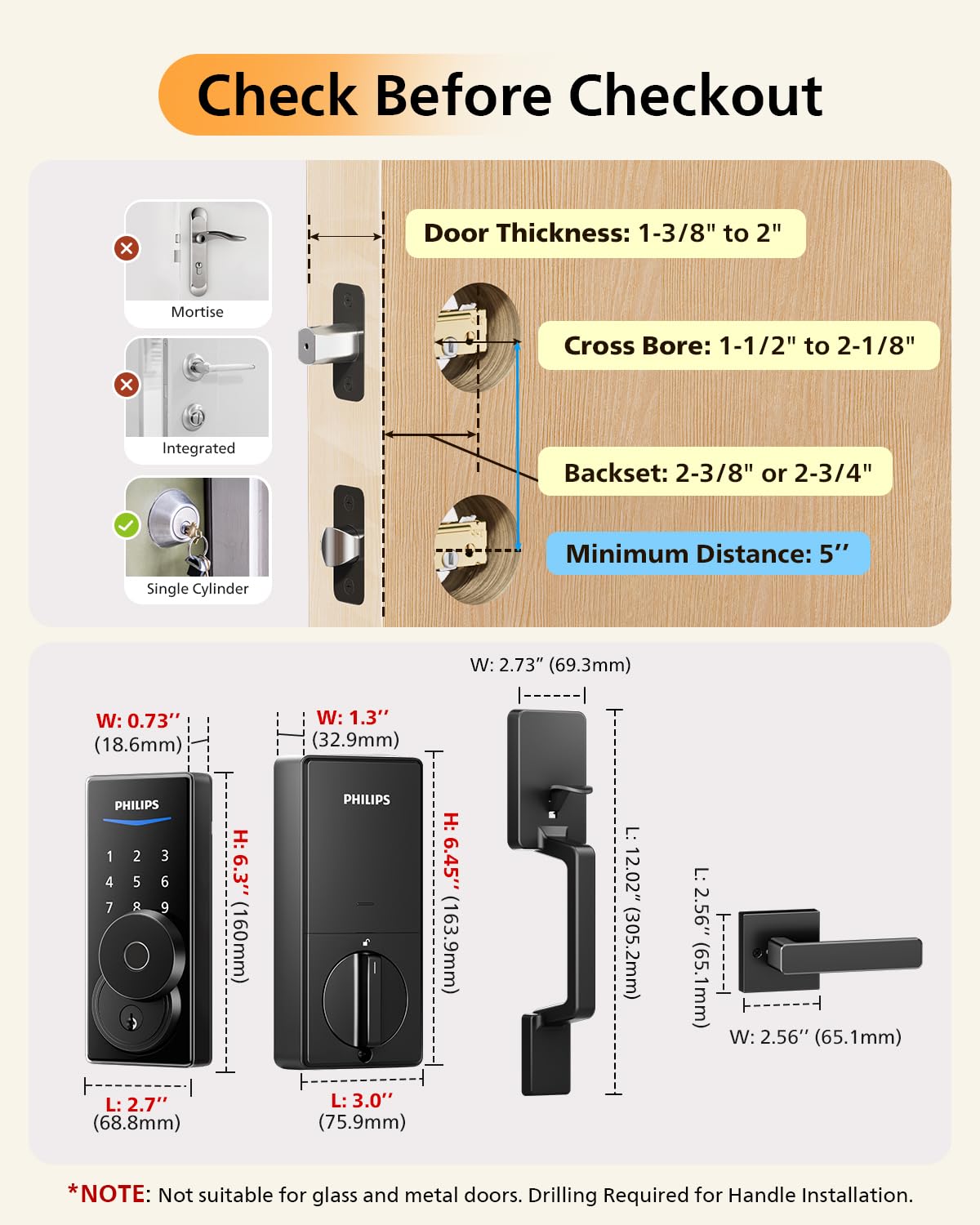 Philips Touchscreen WiFi Smart Lock with Handle Set, Built-in WiFi, Remote Control & Voice Control, Fingerprint Keyless Entry Door Lock, Smart Locks for Front Door Deadbolt, Auto-Lock, Matte Black