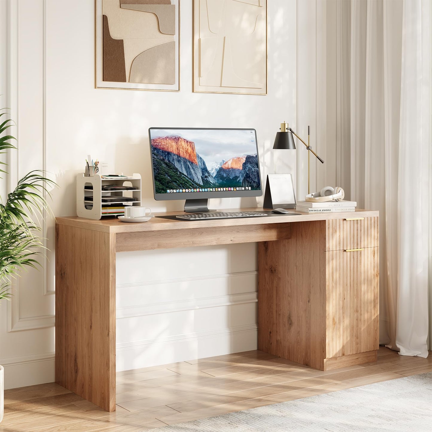 Garvee Executive Desk with Drawer and Power Outlet, 61" Large Farmhouse Computer Desk Home Office Wood Executive Desk with Adjustable Shelf for Work Study Writing, Oak