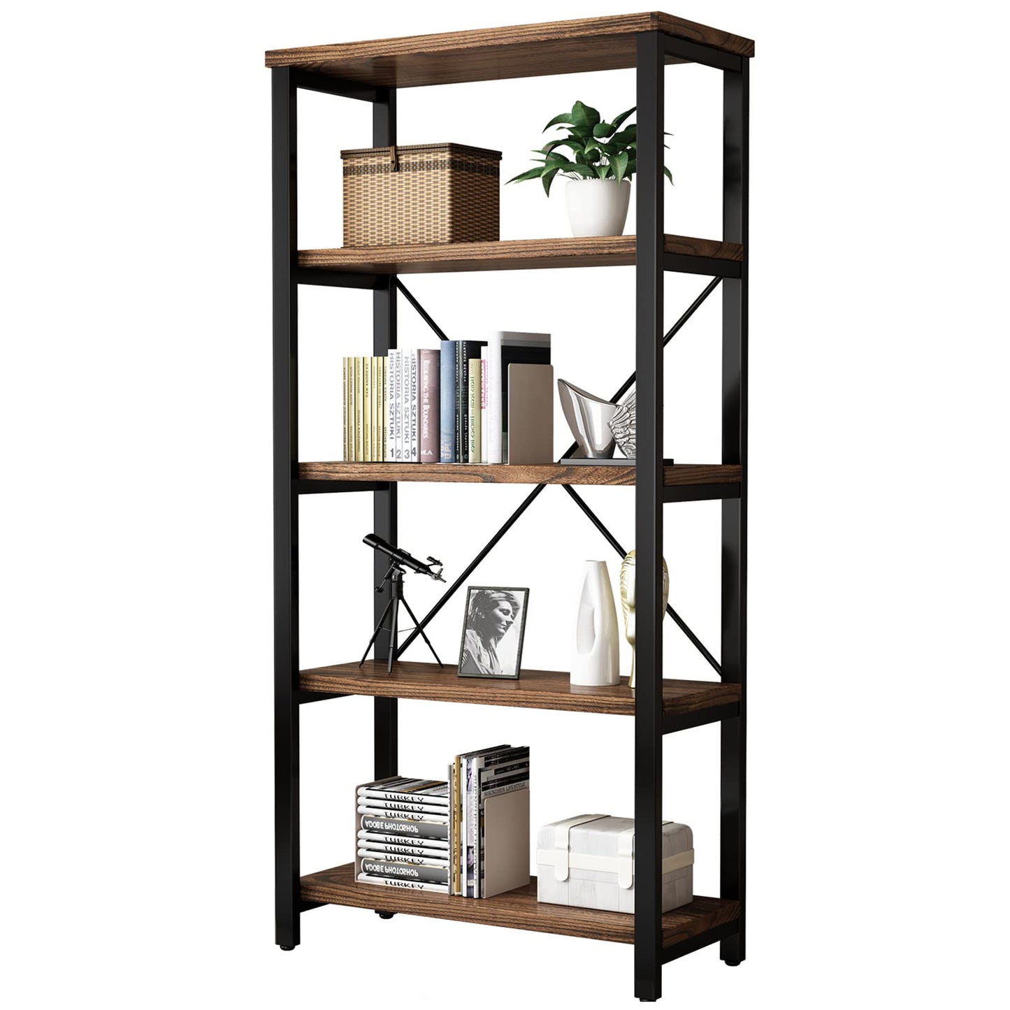 AY-AOYUAN 5 Tier Industrial Solid Wood Bookshelf, Open Etagere Bookcase with Metal Frame, Vintage Industrial Style Bookcase/Metal and Wood Bookshelf Furniture (AY01-5tier)