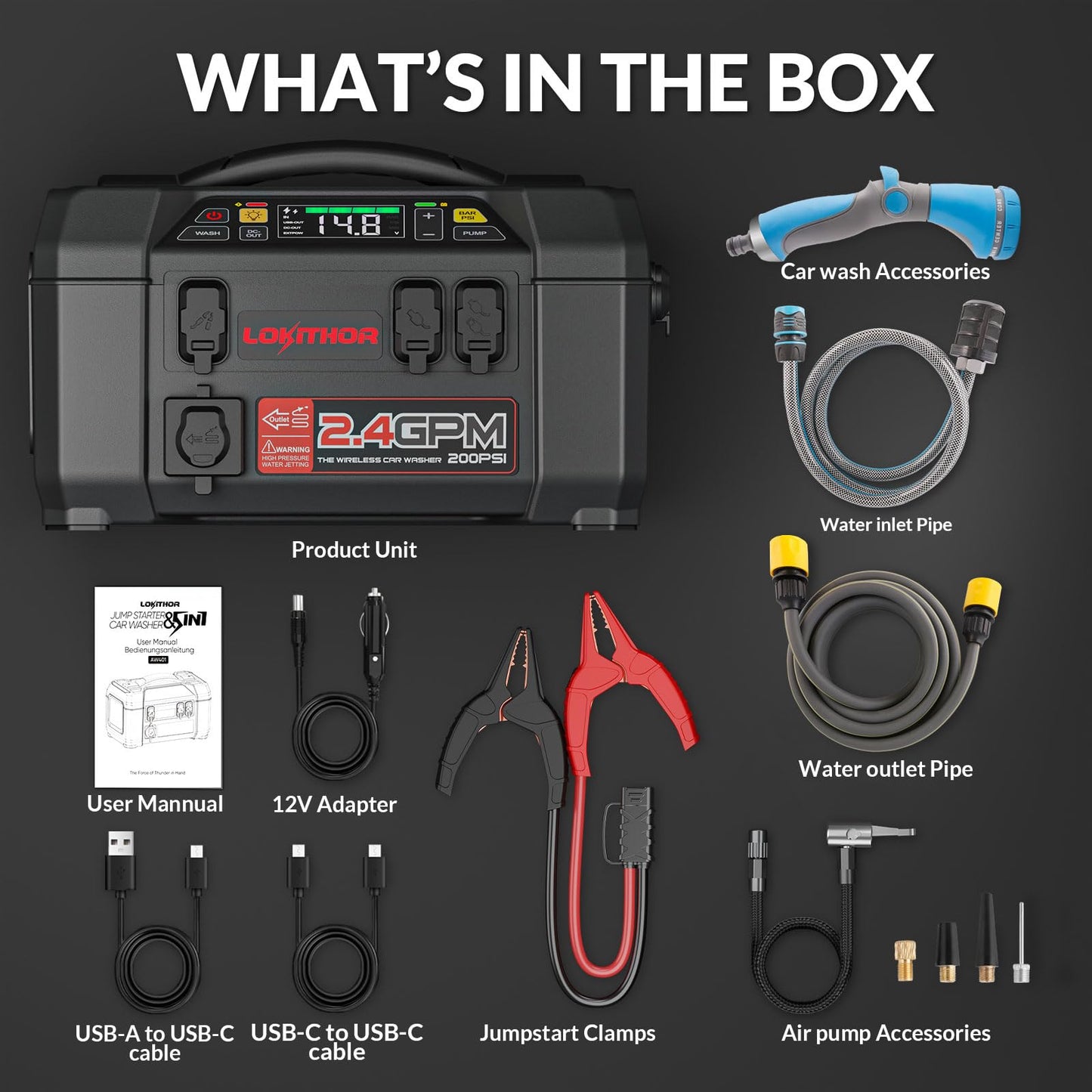 LOKITHOR AW401 5-in-1 Multi-Function Emergency Tool, 2500A Jump Starter + Cordless Air Compressor + Multi-use Pressure Washer + LED Light + Portable Power Bank, for Car Recovery, Camping & Travel