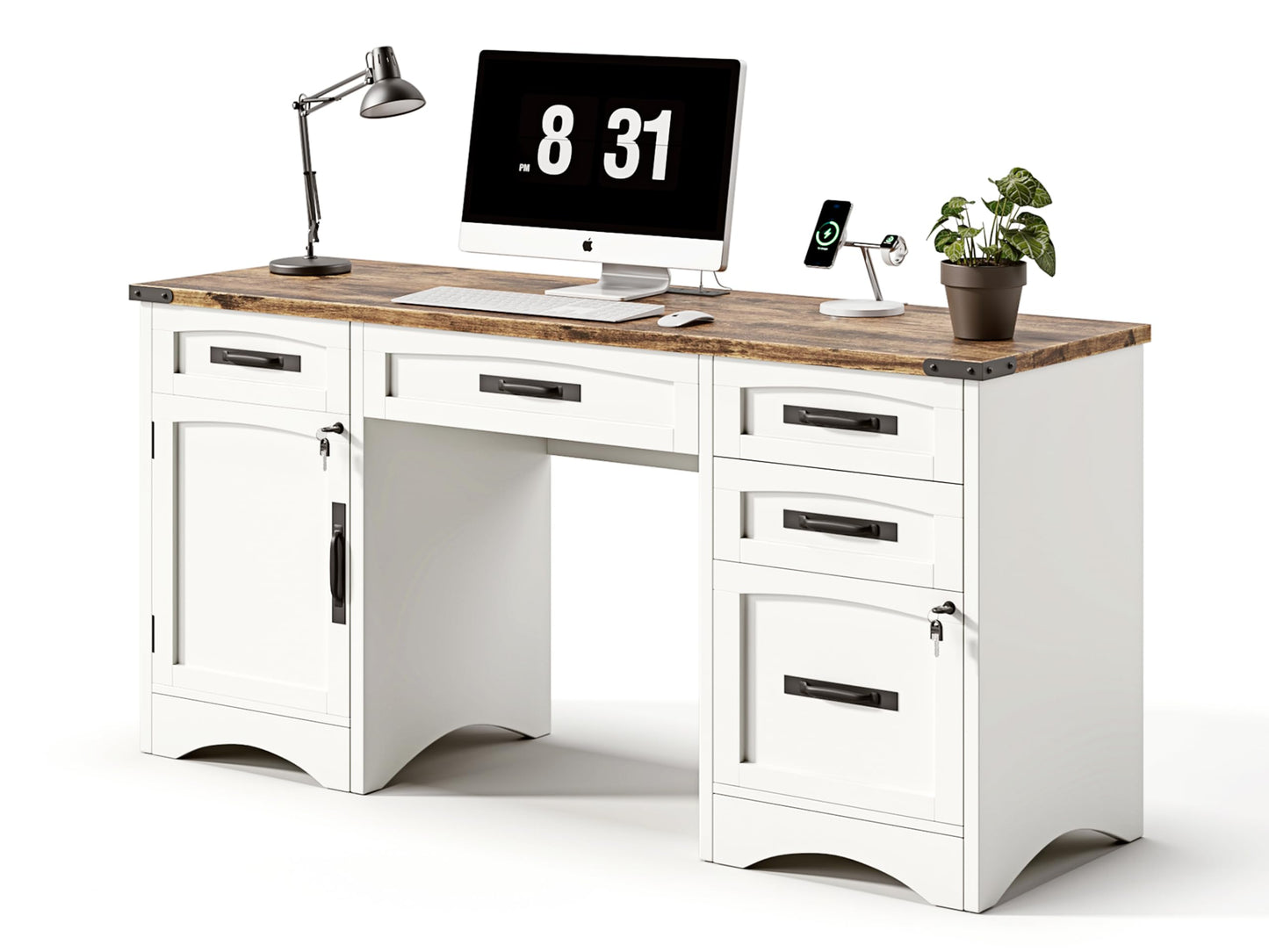 Decofy Farmhouse Executive Desk with Drawers, 55" Home Office Desks with Fast Charging Station, Lockable File Cabinet, Wood Writing Computer Desk for Work, Study, White