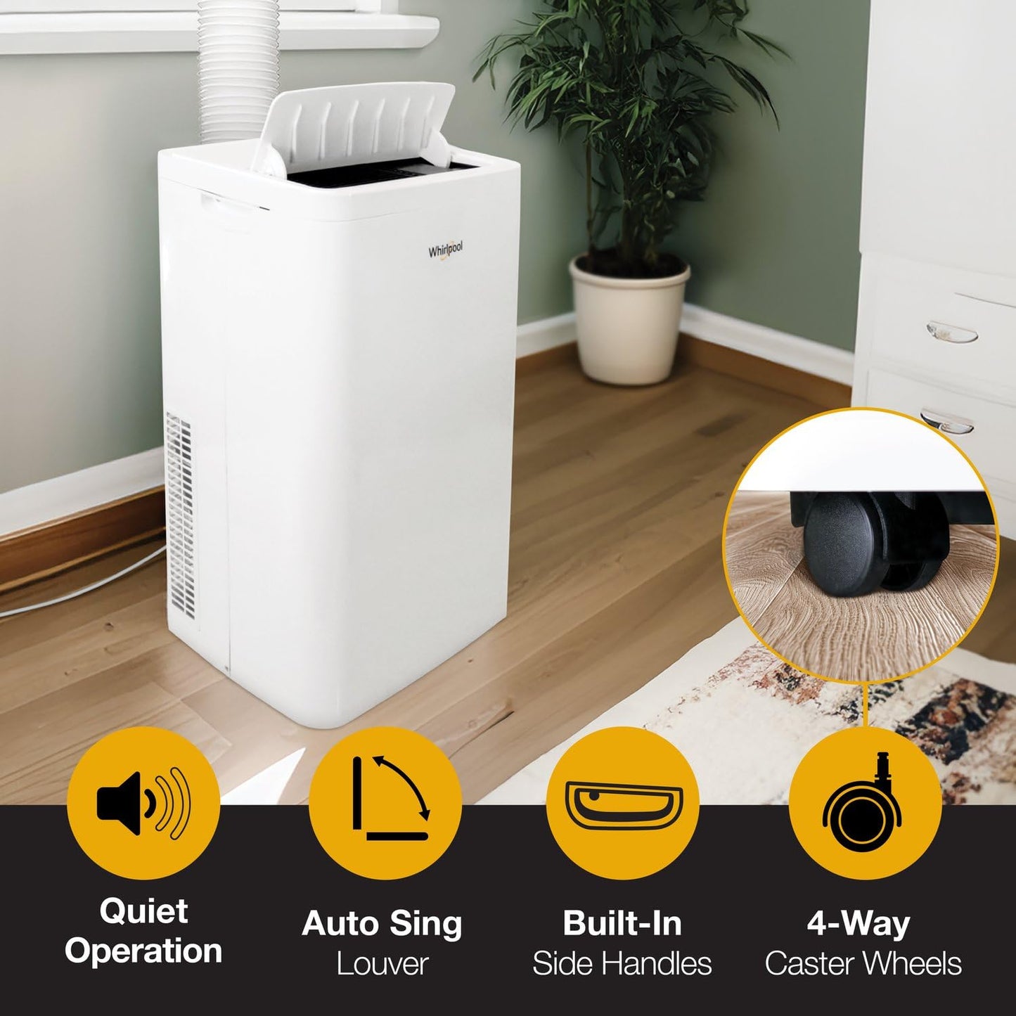 Whirlpool 14,000 BTU Portable Air Conditioner with Heater and Dehumidifier for Living Room, Apartment, or Bedroom, 115V, Portable AC for Rooms up to 700 Square Feet with Remote, 3 Speeds, Timer, White