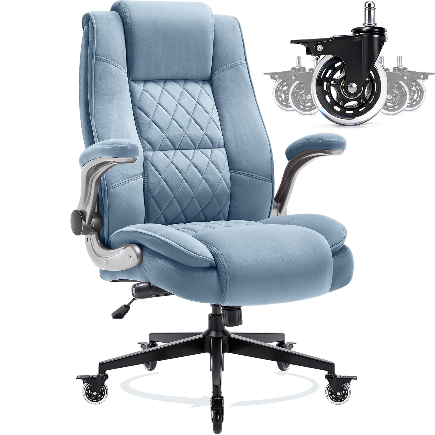 Fabric High Back Office Chair with Lockable Quiet Casters, Thick Padded Ergonomic Computer Chair- Adjustable Lumbar Support & Flip-Up Arms, Wide Executive Desk Chair for Back Pain, 400LBS Capacity