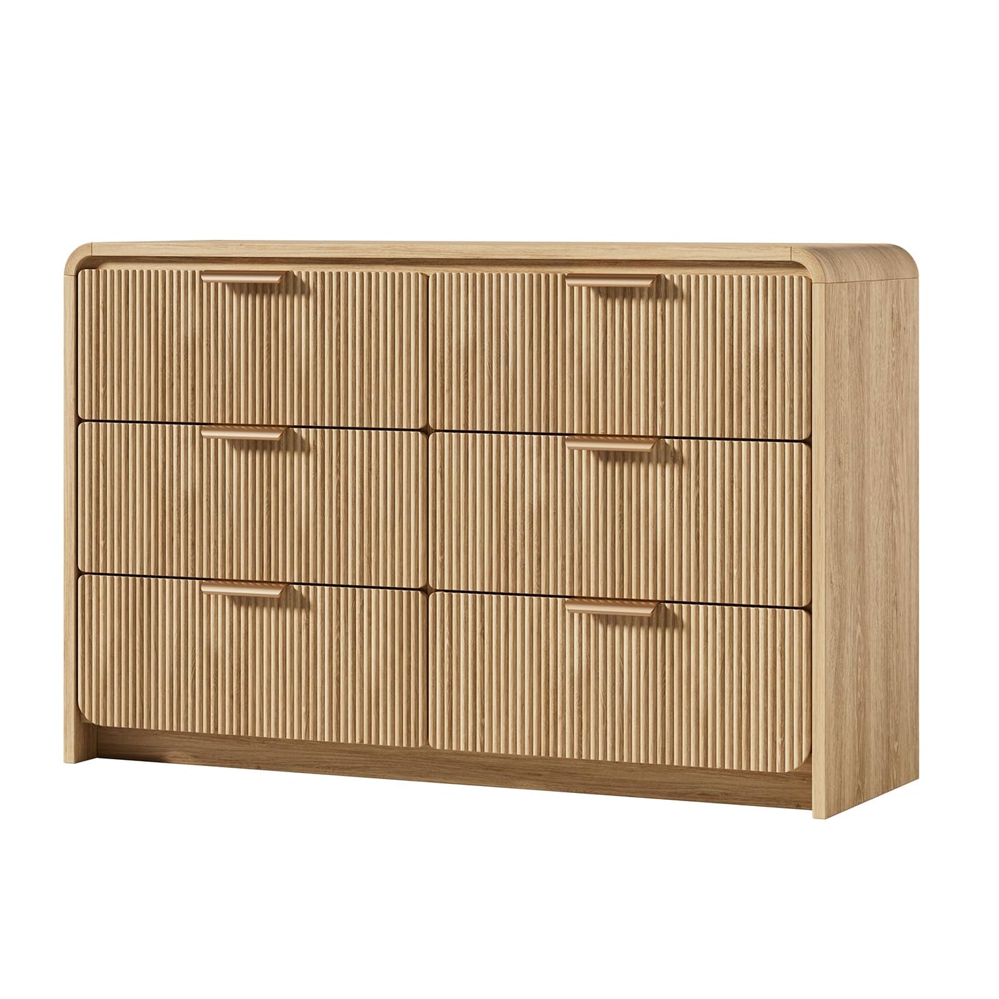 HOTALLOY Fluted 6 Drawer Dresser, 47” Wide Wooden Storage Chest with Rounded Curved Corners and Gold Handles, Natural Oak Wood Dresser for Bedroom, Living Room, Hallway