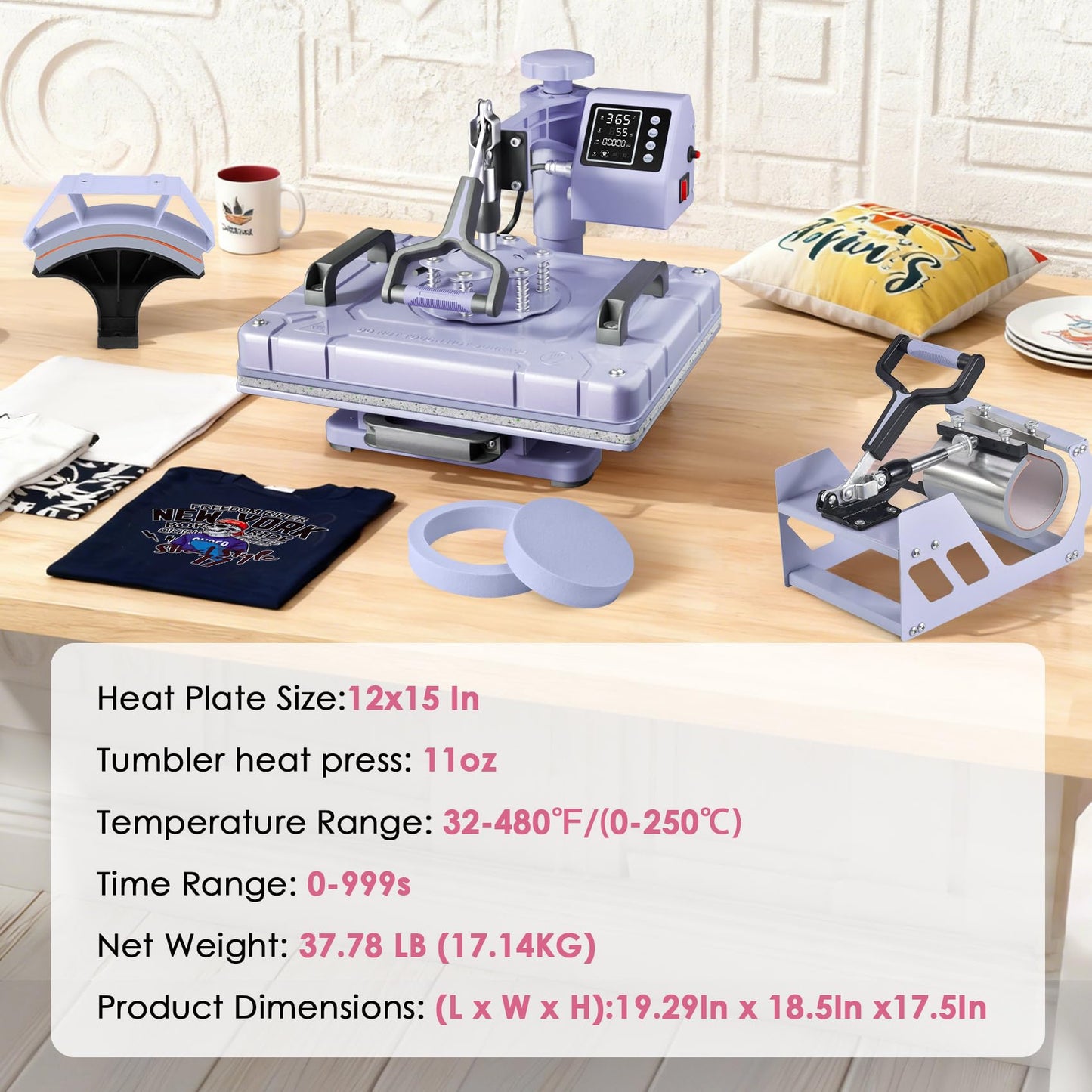 Seeutek 5 in 1 Heat Press Machine 12x15 Inch, 360° Swing Away Sublimation Heat Transfer Press with Mug, Hat & Plate Attachments for T-Shirts, Lavender