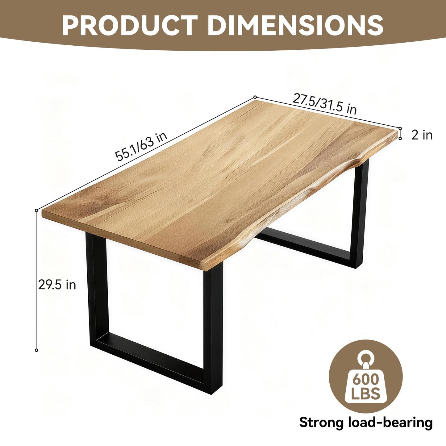 Heliosrider Farmhouse Live Edge Dining Table, Solid Wood Dining Table with 2" Table Top & Metal Base, Wood Slab Industrial Live Edge Desk for Kitchen & Dining Room 2,4,6 People (55.1 * 27.5 * 29.5IN)