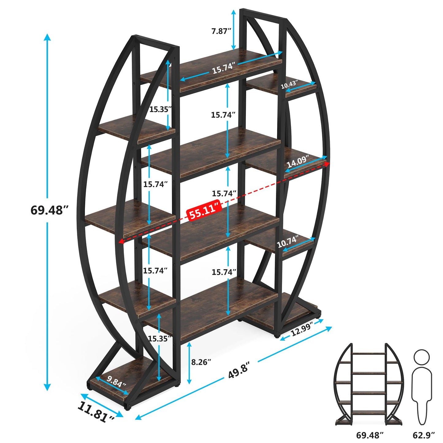 Tribesigns Oval Bookshelf, Triple Wide 5 Tier Etagere Bookcase, Industrial Display Shelves for Living Room (Brown, 55")