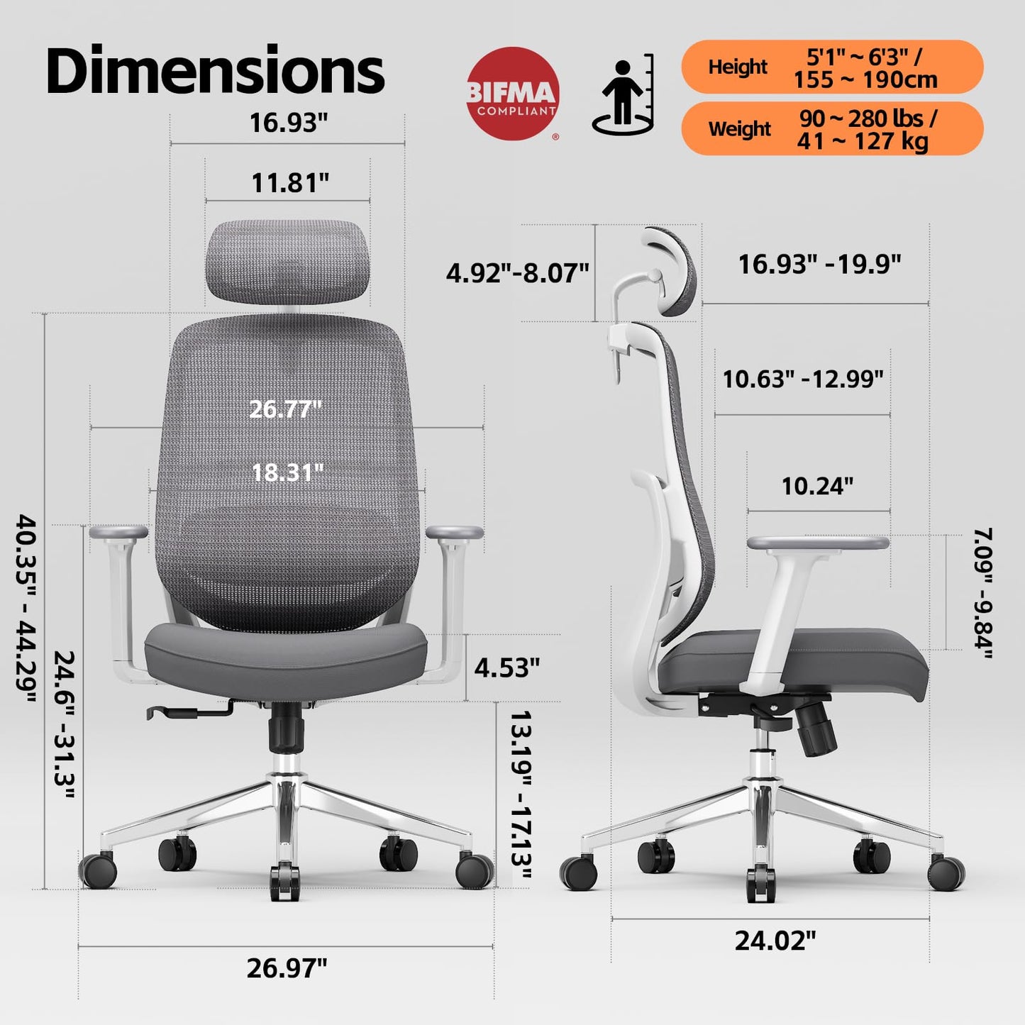 QuelSoft Ergonomic Office Chair, Home Office Desk Chairs, 3D Lumbar Support High Back Desk Chair, Comfortable Computer Chair & Gaming Chair for Office & Home - Silver