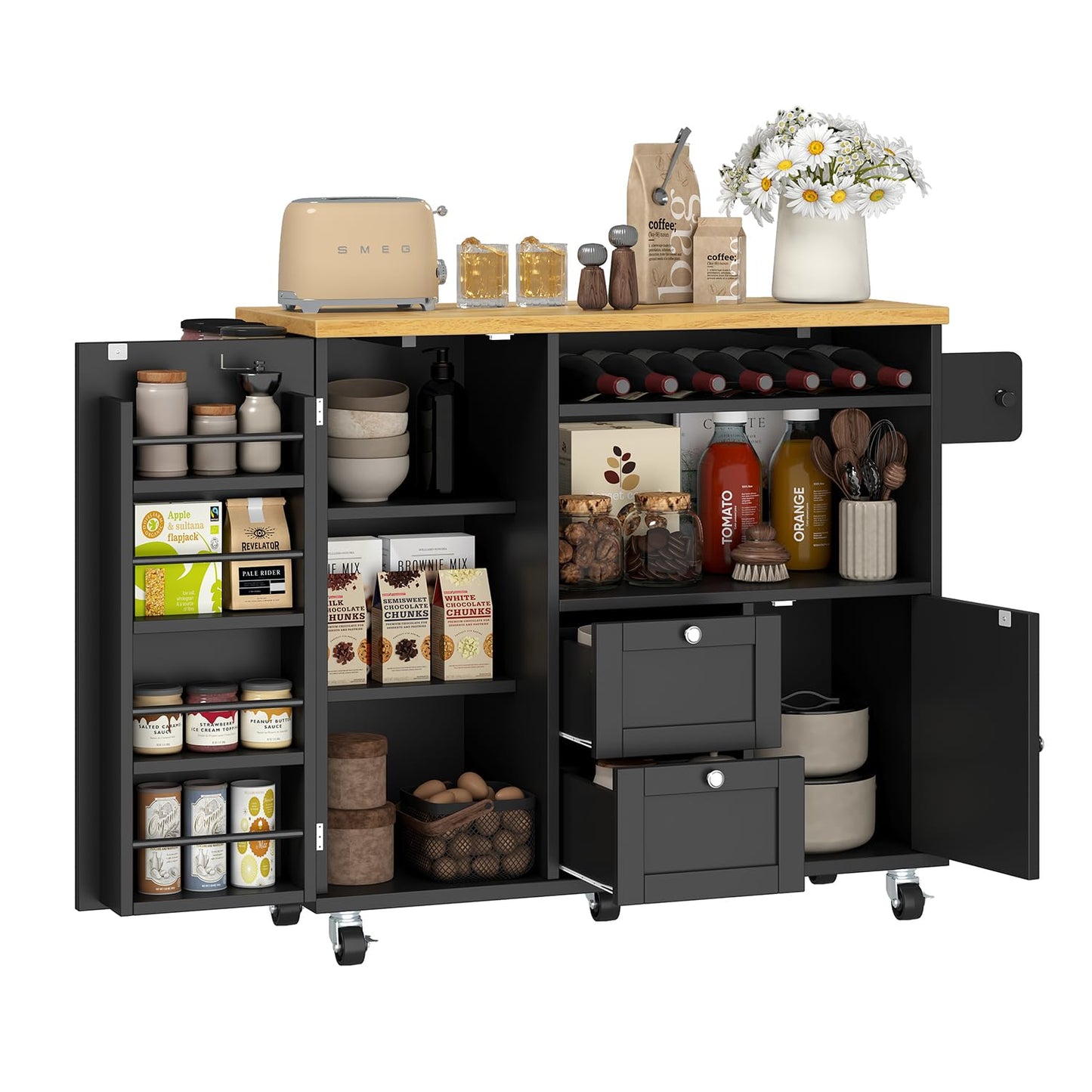 Rolling Kitchen Island with Storage Cabinet, 41.3'' Width Kitchen Cart with Desktop Drop Leaf Countertop, Portable Mobile Island with Towel Rack, Spice Rack Shelf and Lockable Wheels, Black