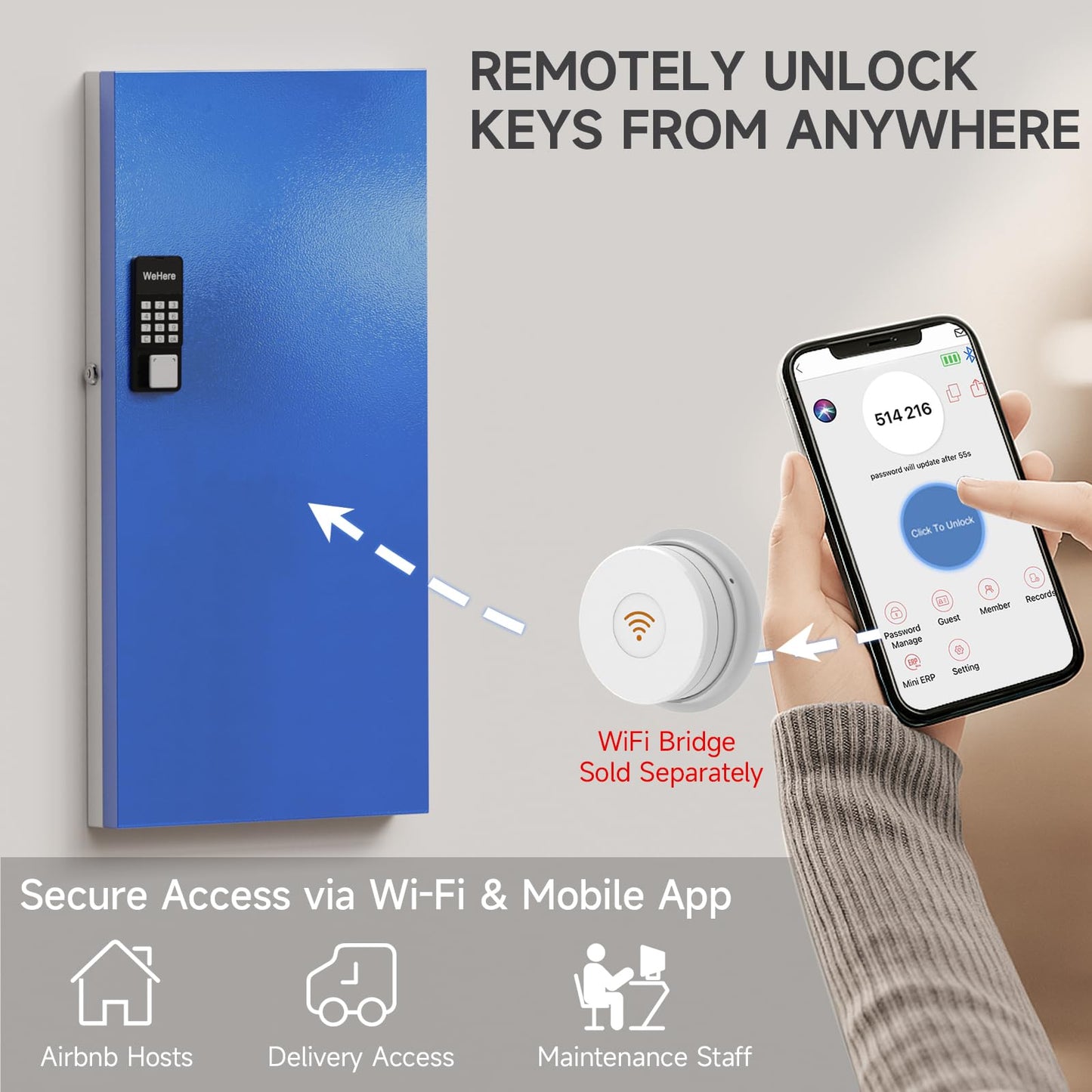 WeHere 120-Key Smart Key Lock Box, Wall-Mount Key Cabinet with Key Management App(Track Key Borrow/Return), Keypad, Bluetooth & WiFi Unlock (Sold Separately) for Commercial, School, Rental, Office
